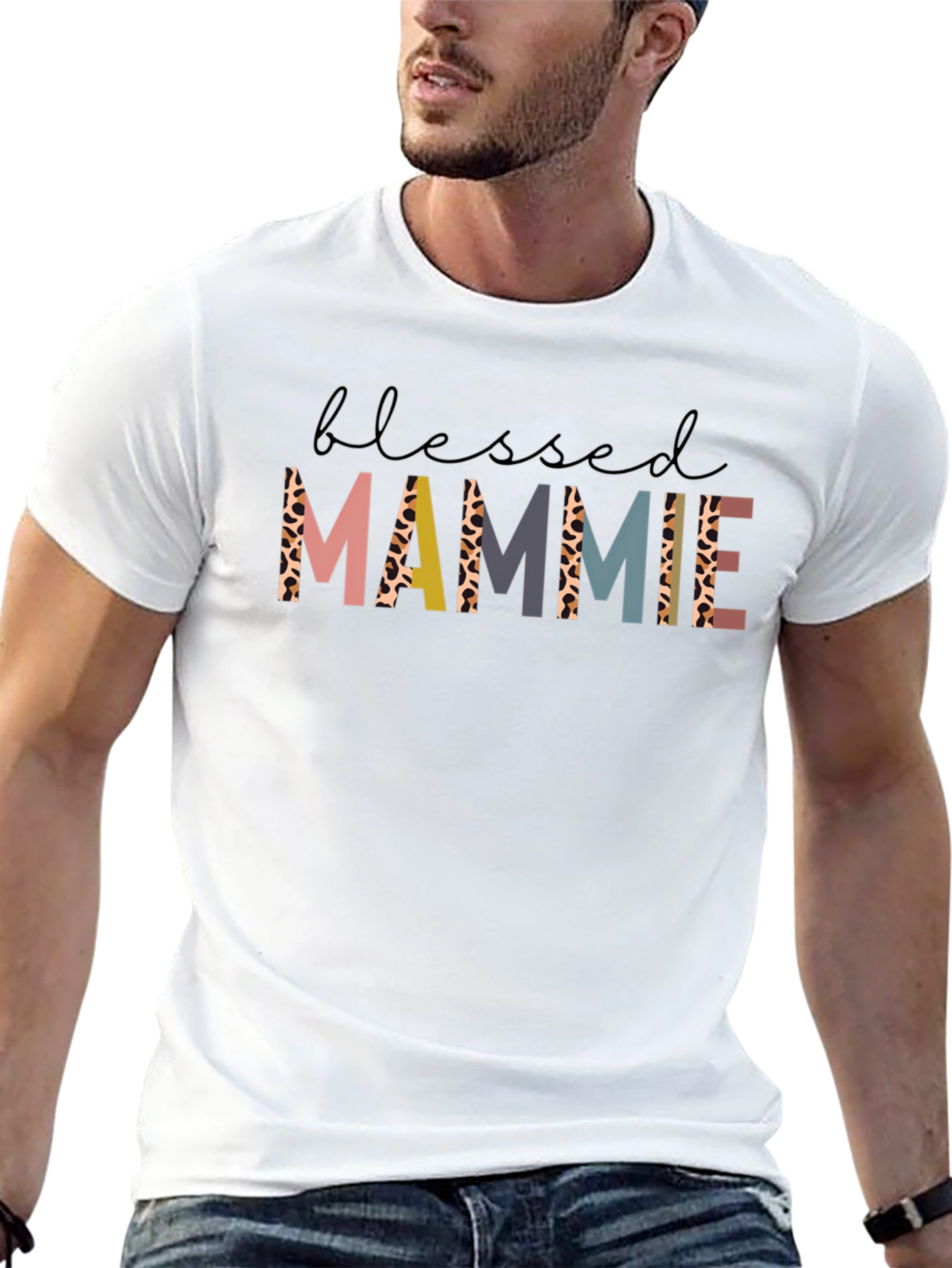 Blessed Mammie Graphic Tee - Unique Leopard Print Letters