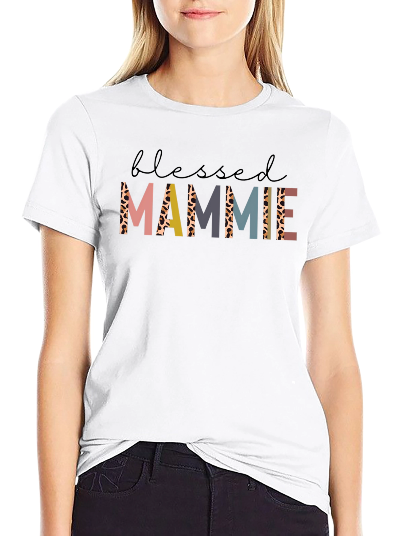 Blessed Mammie Graphic Tee - Unique Leopard Print Letters