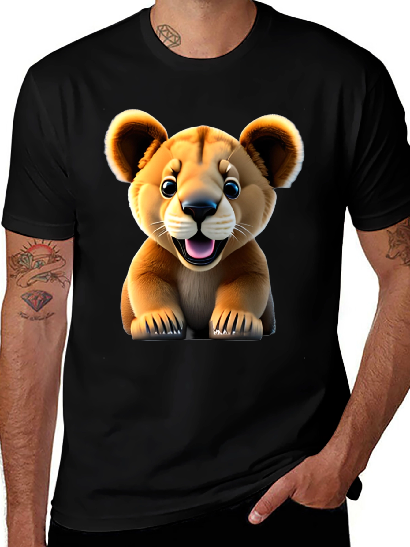 Cute Lion Cub Graphic Tee - Black Unisex Shirt