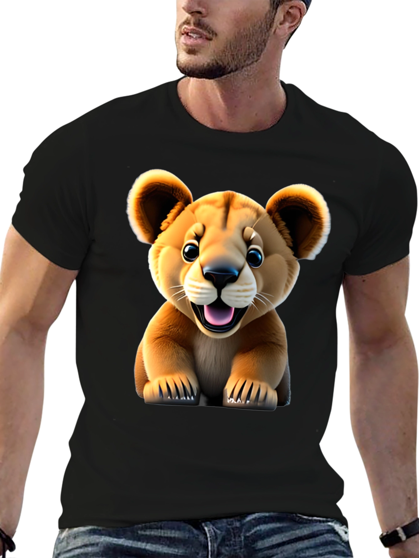 Cute Lion Cub Graphic Tee - Black Unisex Shirt
