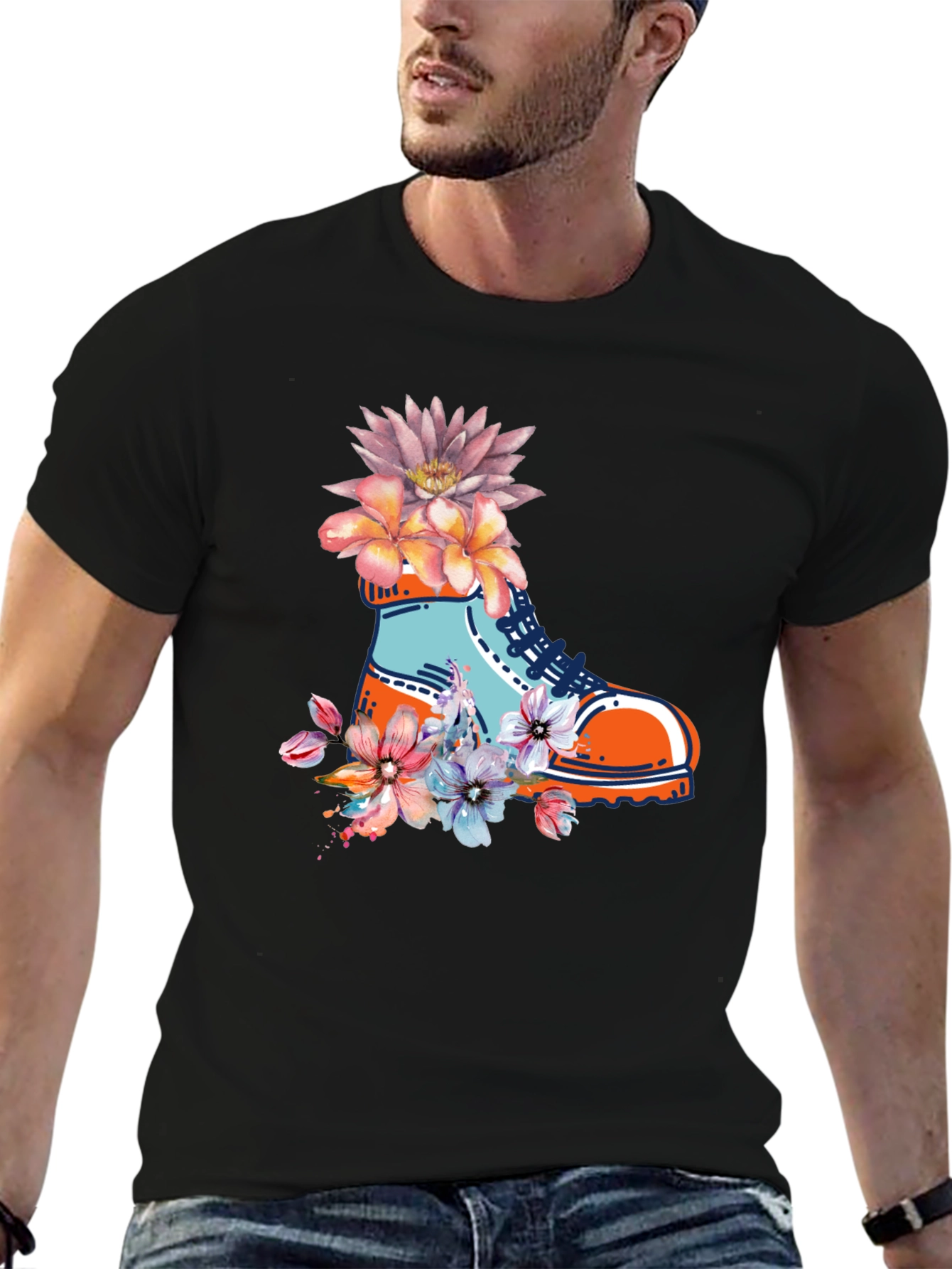 Floral Boot Print Black T-Shirt