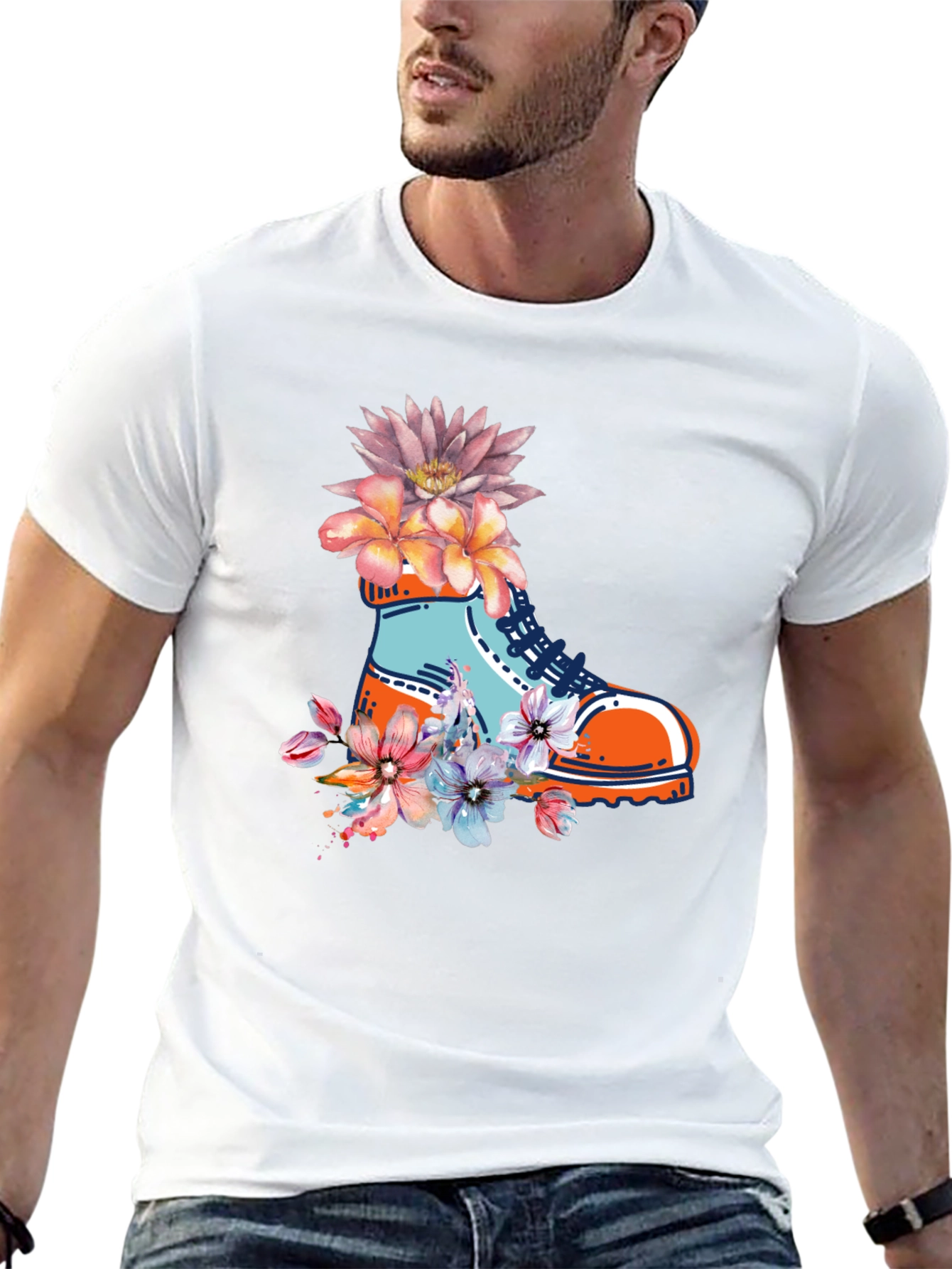 Floral Boot Print Black T-Shirt