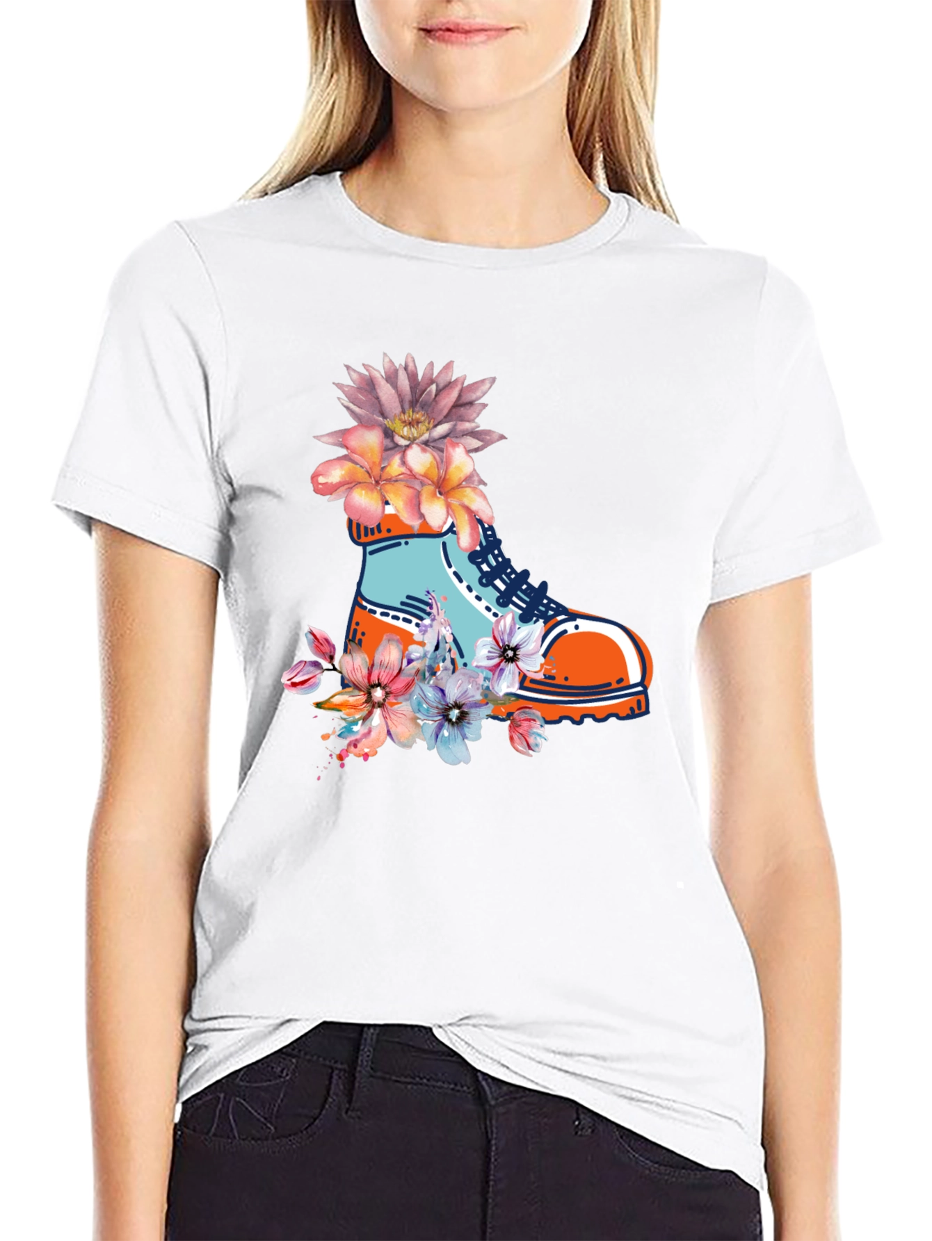Floral Boot Print Black T-Shirt