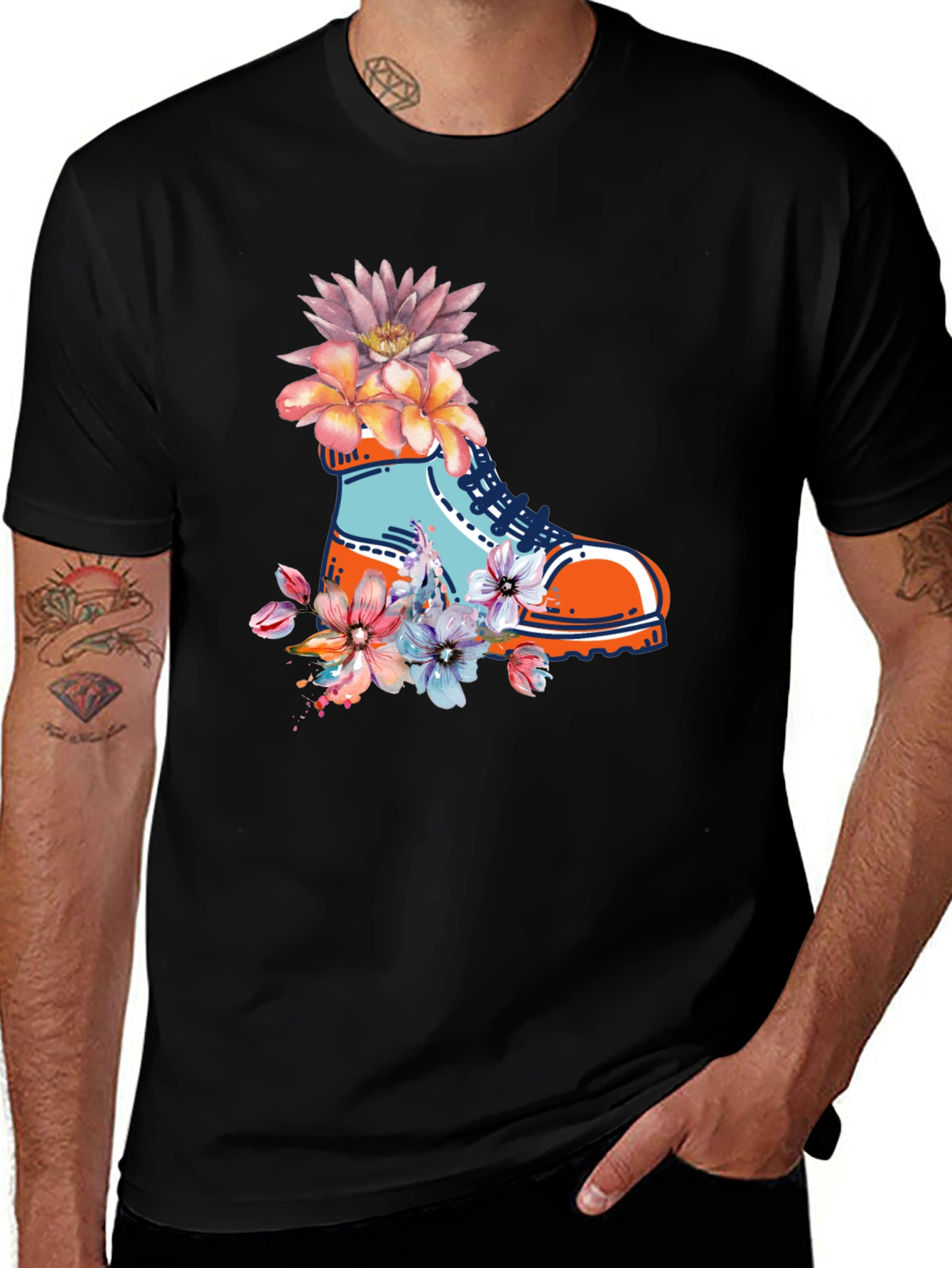 Floral Boot Print Black T-Shirt