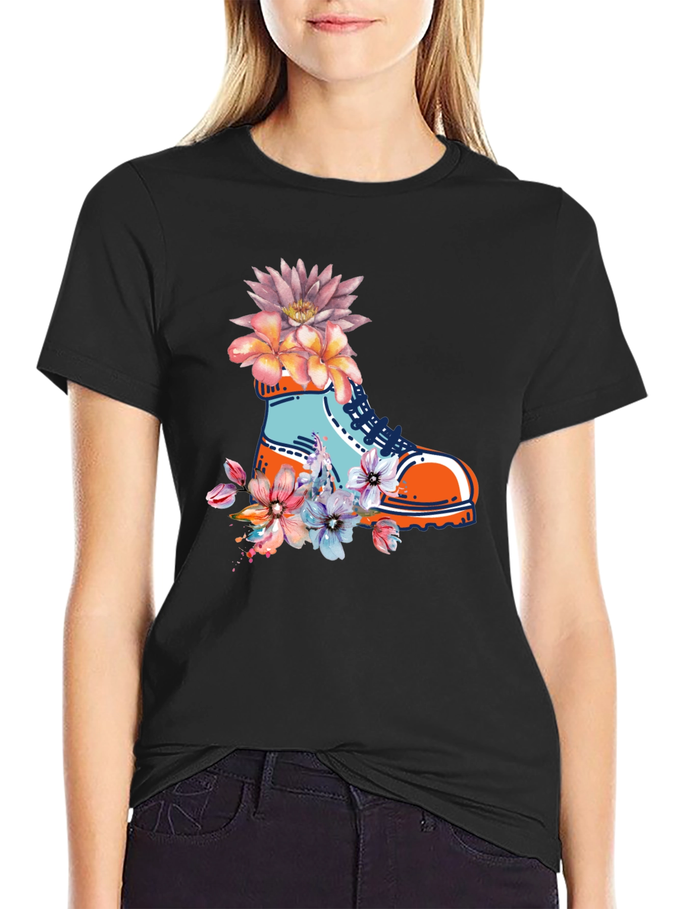 Floral Boot Print Black T-Shirt