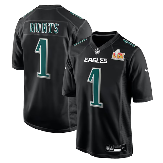 Men's Philadelphia Eagles Jalen Hurts #1 Carbon Black Super Bowl LIX Fashion Game Player Jerseys