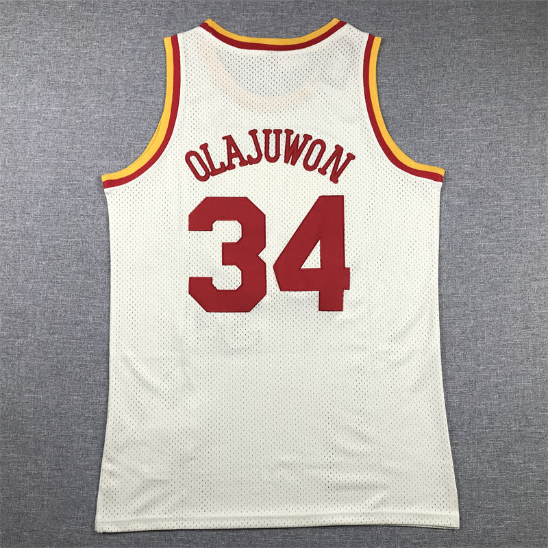 Men's Houston Rockets Hakeem Olajuwon #34 Cream Chainstitch Swingman Jerseys