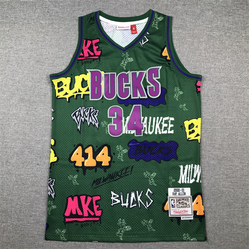 Men's Milwaukee Bucks Ray Allen #34 Green Swingman Player Jerseys - Graffiti Edition