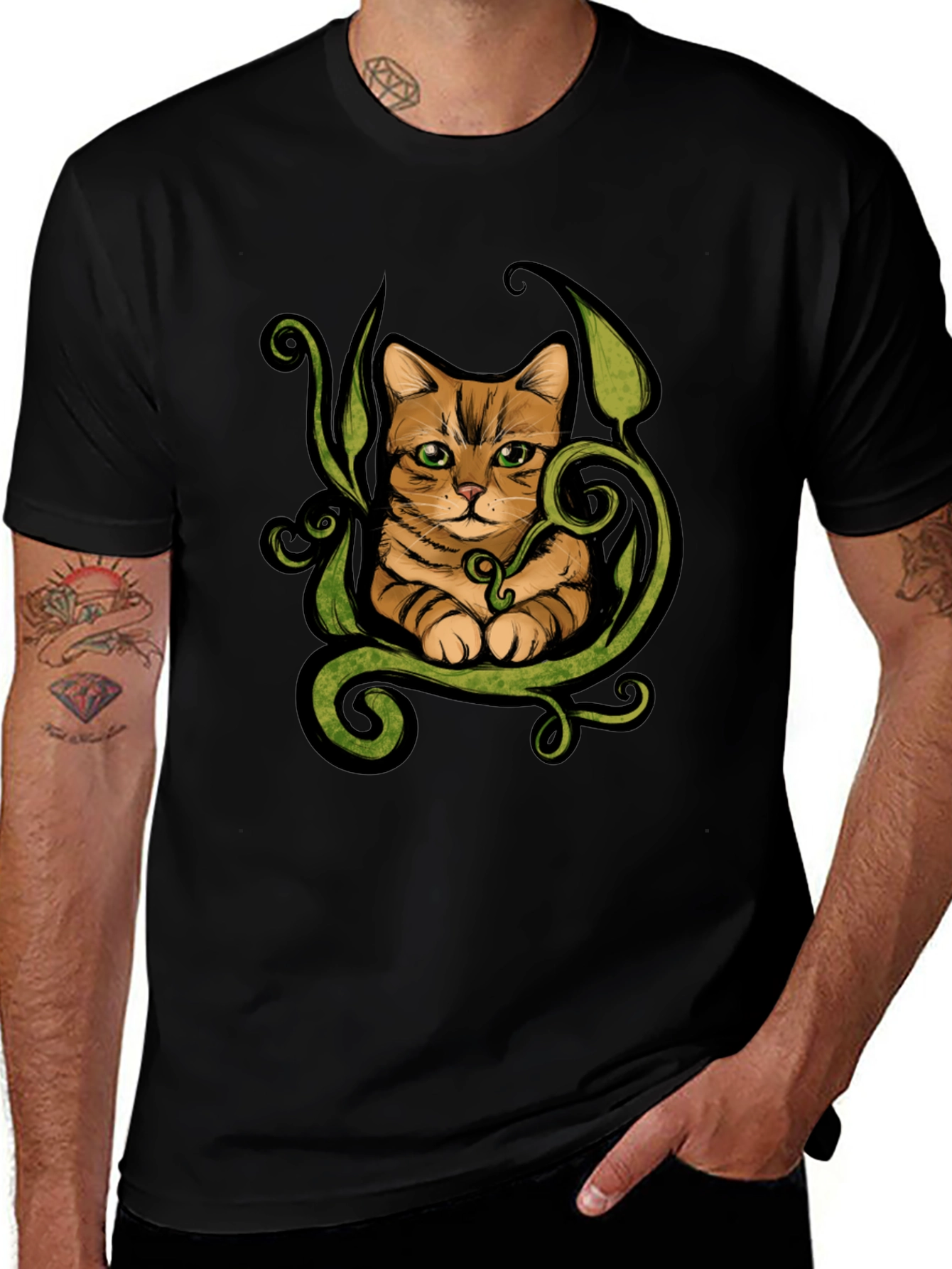 Cat & Vines Graphic T-Shirt - Artistic Style