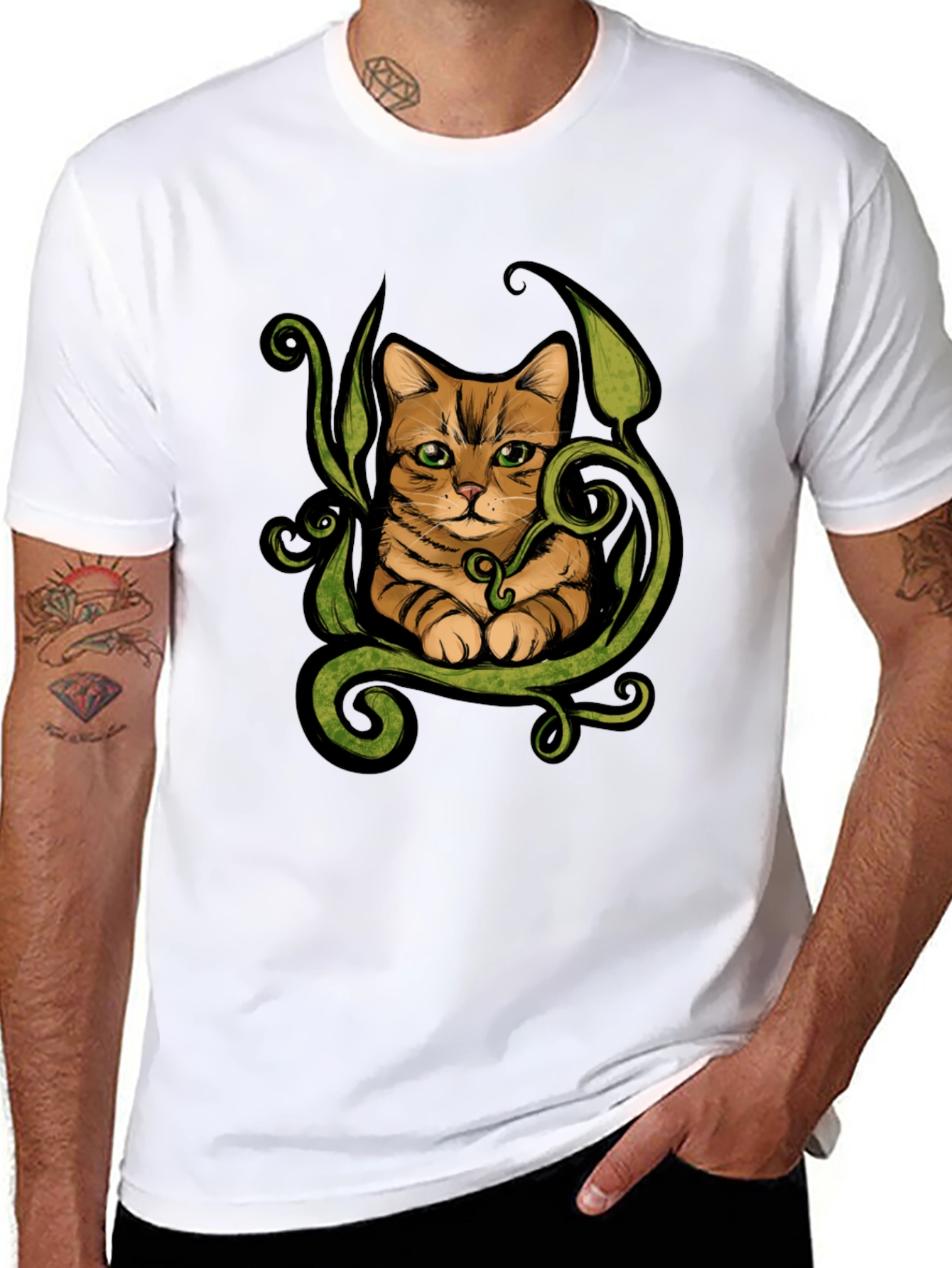 Cat & Vines Graphic T-Shirt - Artistic Style