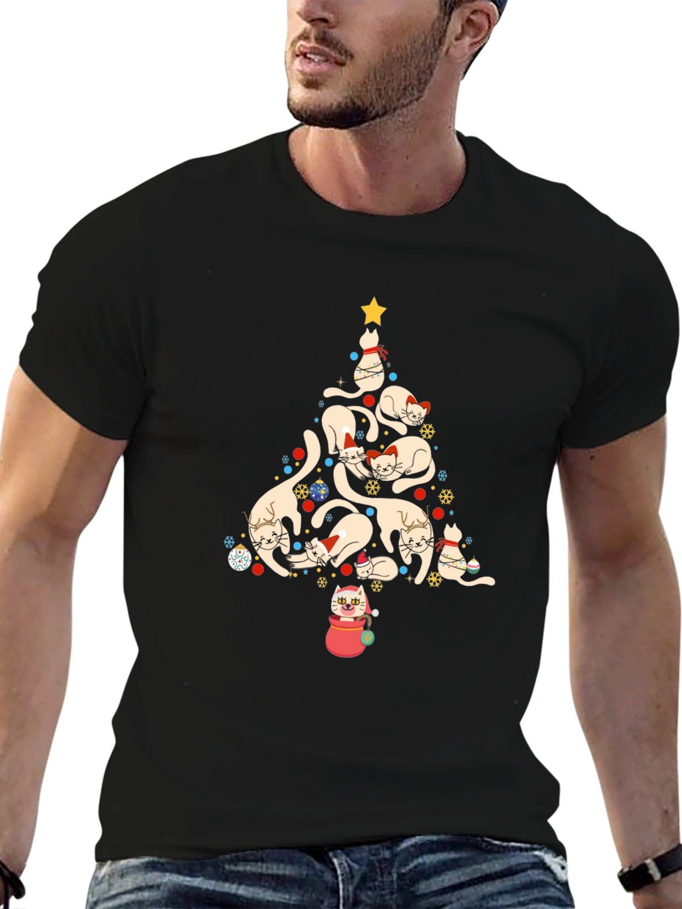 Festive Cat Christmas Tree Graphic Tee