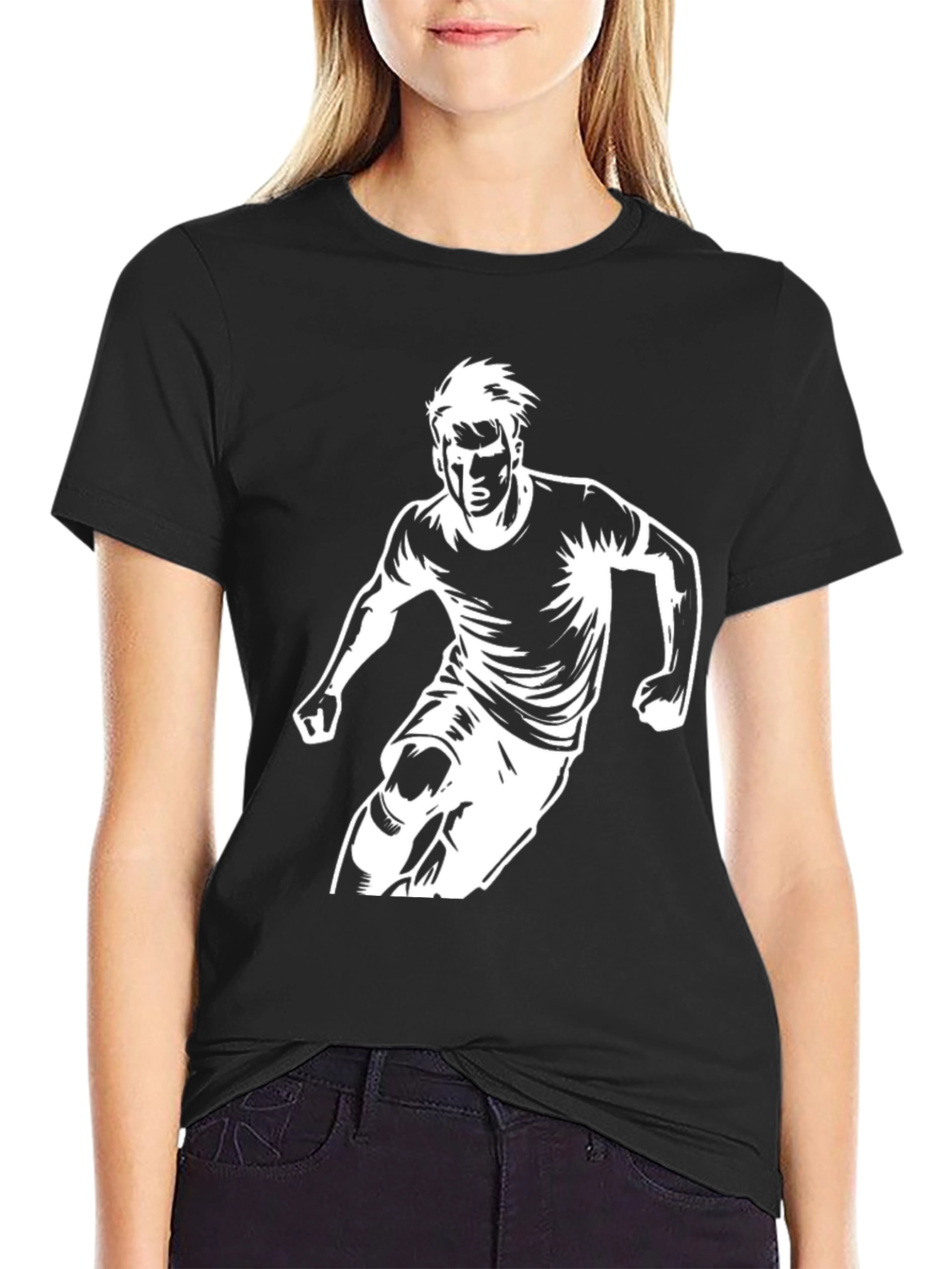 Mens Black Graphic Tee - Soccer Player Print
