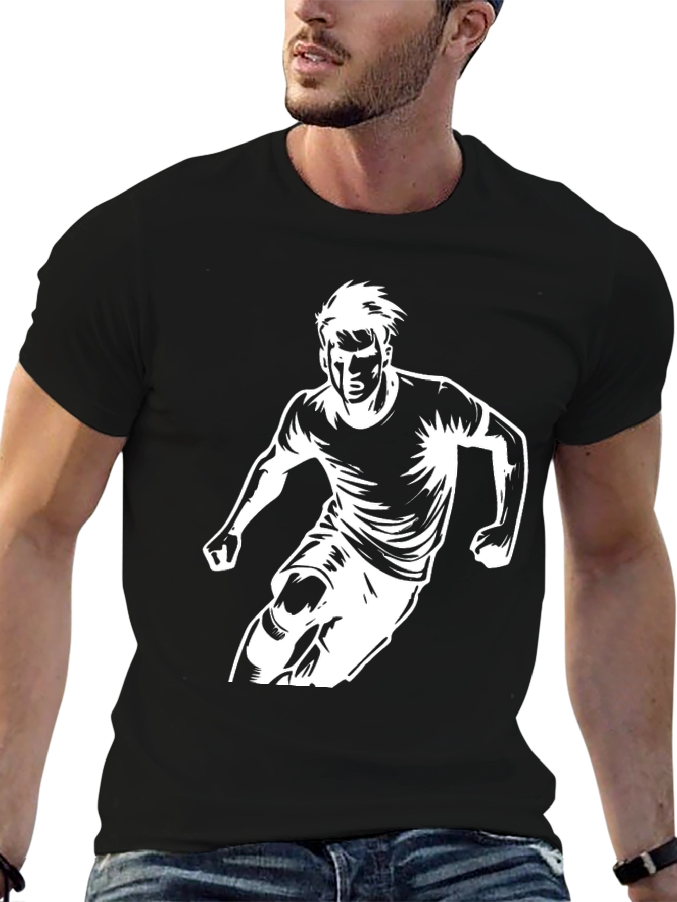 Mens Black Graphic Tee - Soccer Player Print