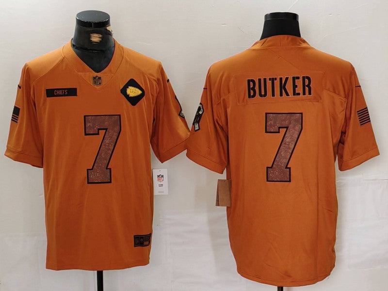 Men's Kansas City Chiefs Harrison Butker #7 Brown 2023 Salute To Service Limited Jerseys