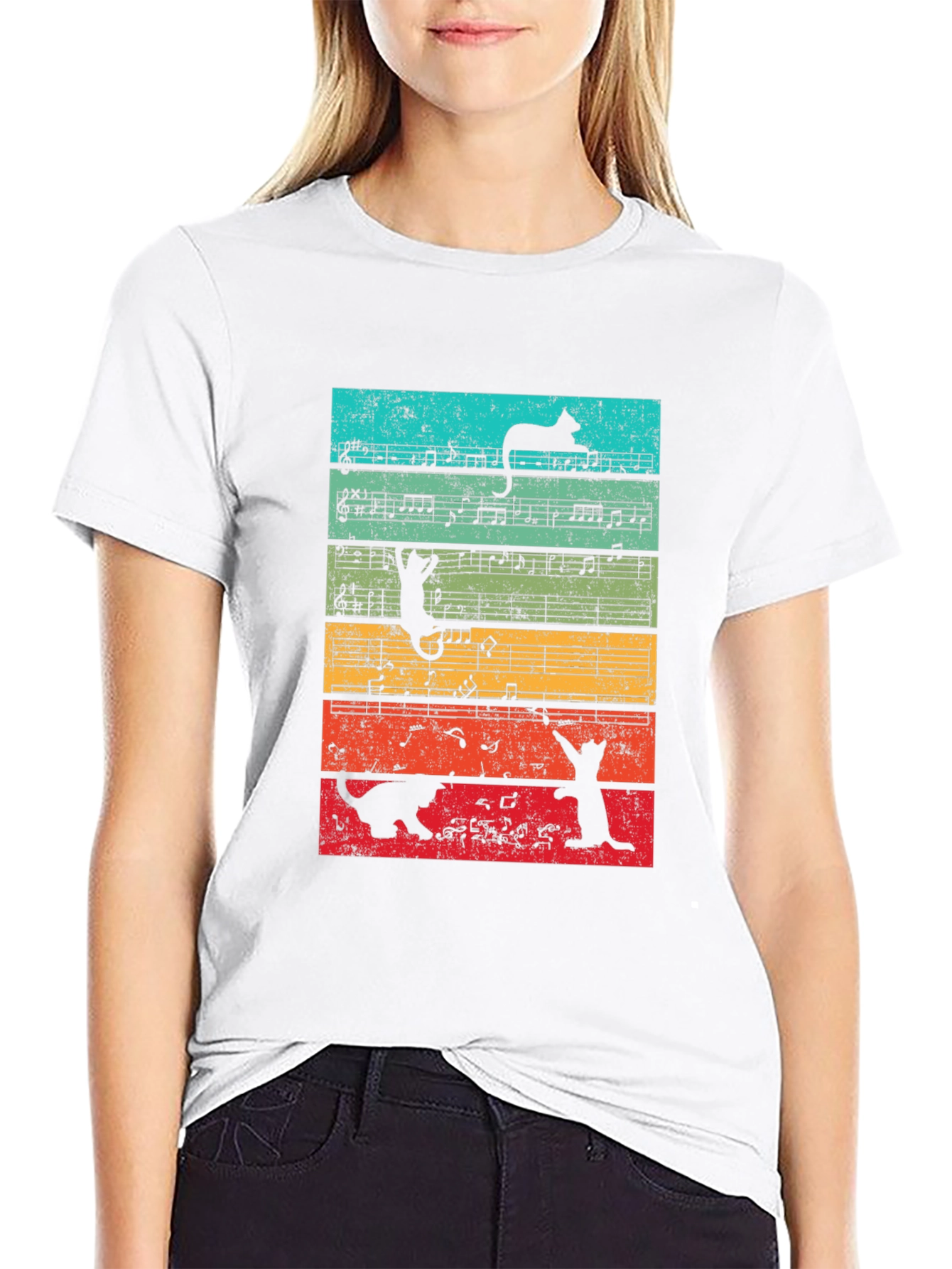Cats and Music Notes Graphic T-Shirt