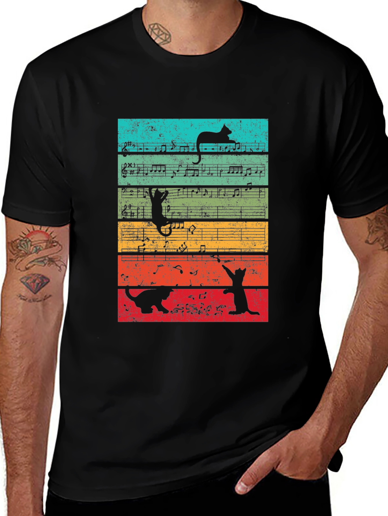 Cats and Music Notes Graphic T-Shirt