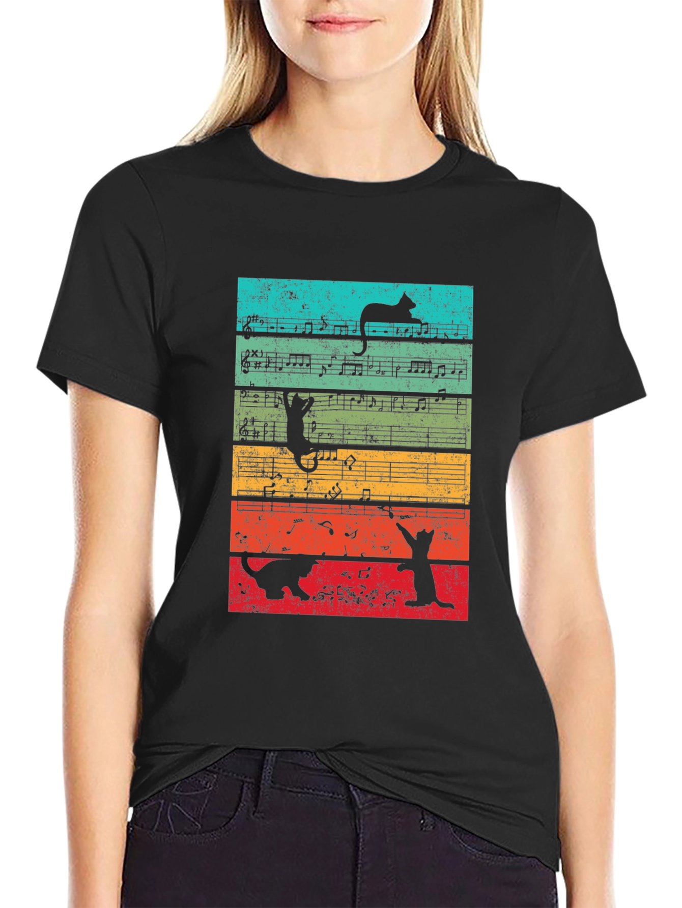 Cats and Music Notes Graphic T-Shirt