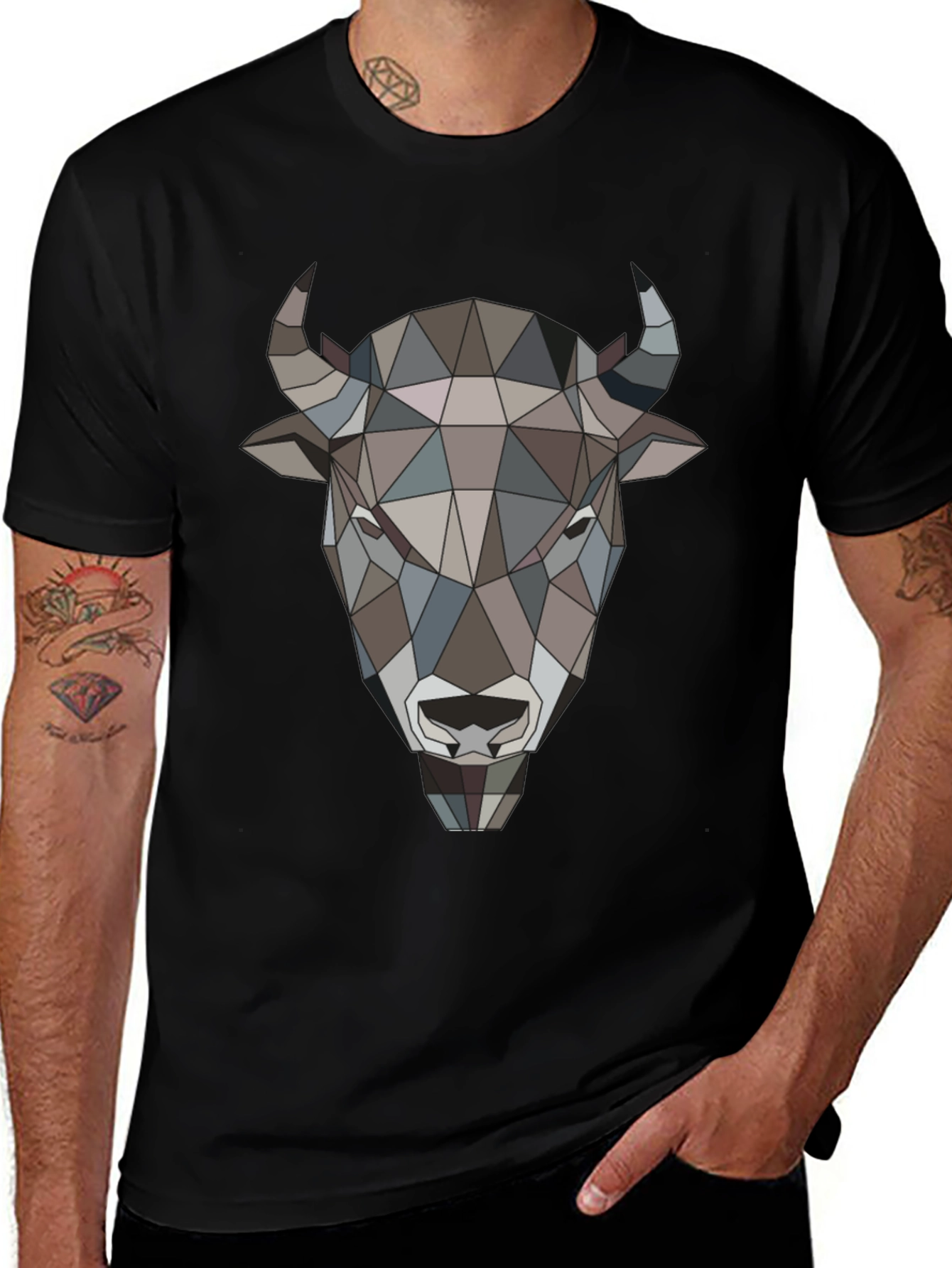 Geometric Buffalo Head Graphic Tee - Mens Black T-Shirt