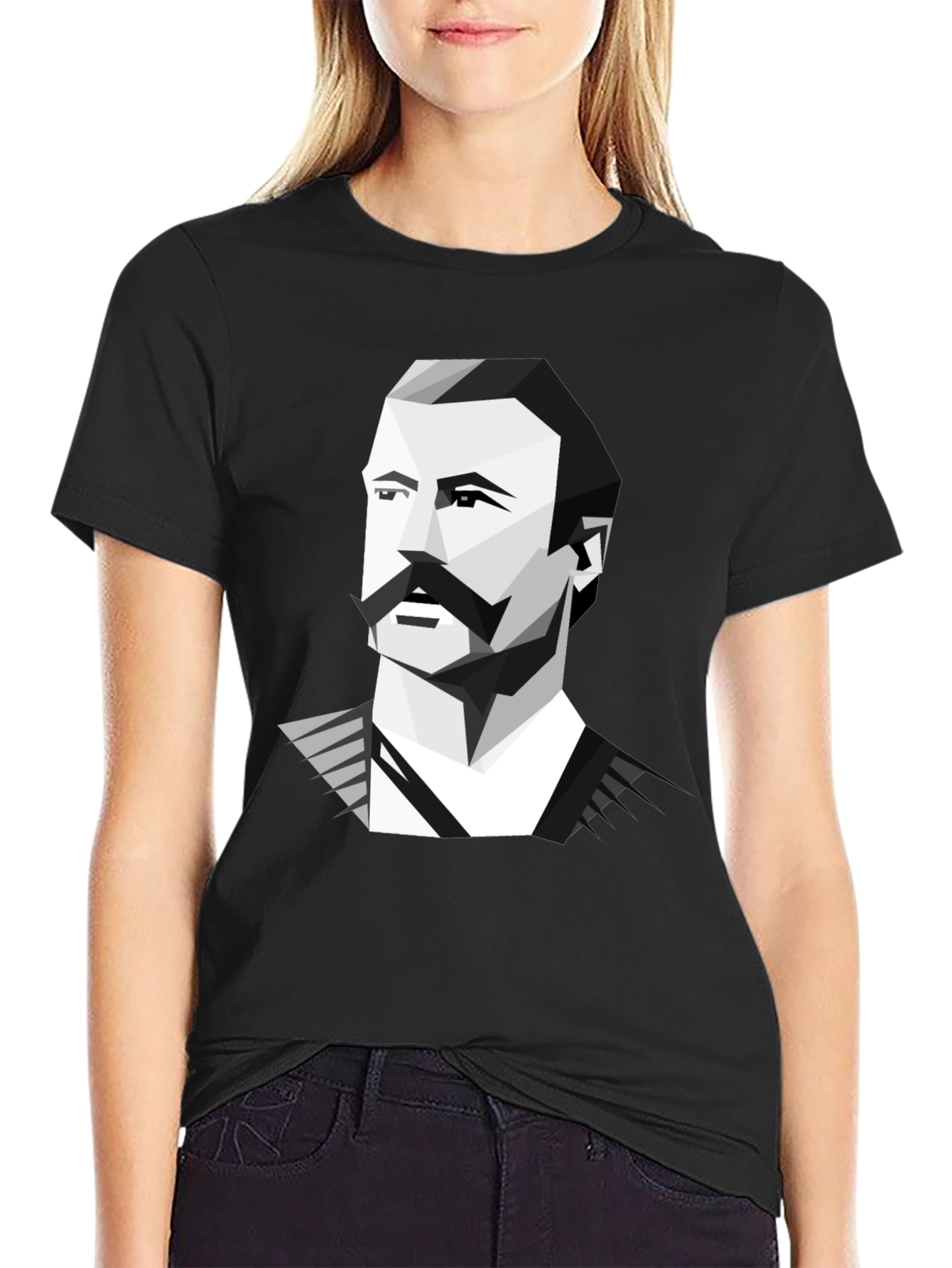 Geometric Mustache Portrait Graphic Tee - Black