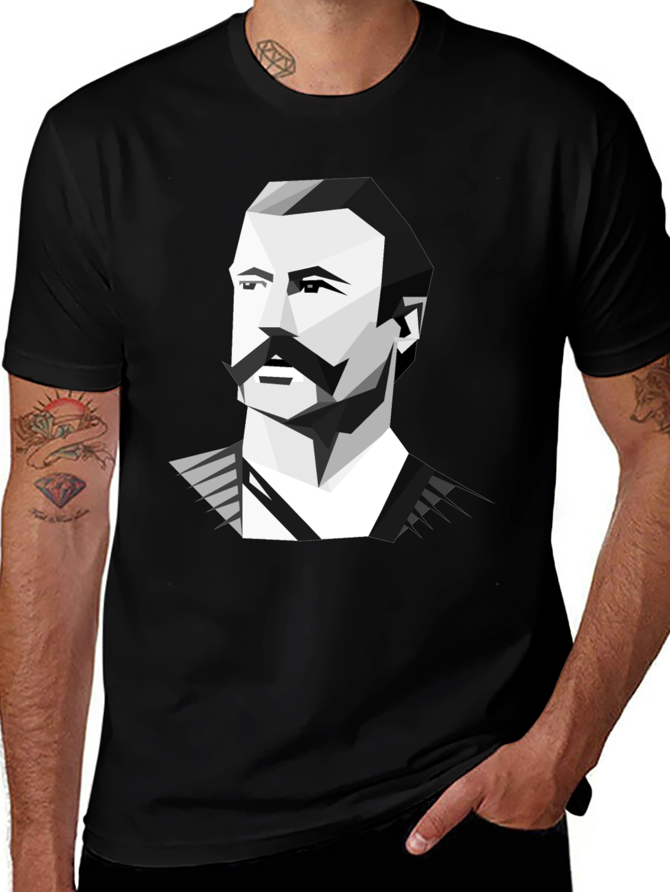 Geometric Mustache Portrait Graphic Tee - Black