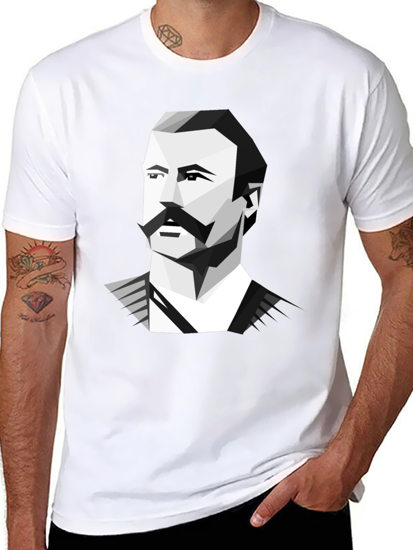 Geometric Mustache Portrait Graphic Tee - Black