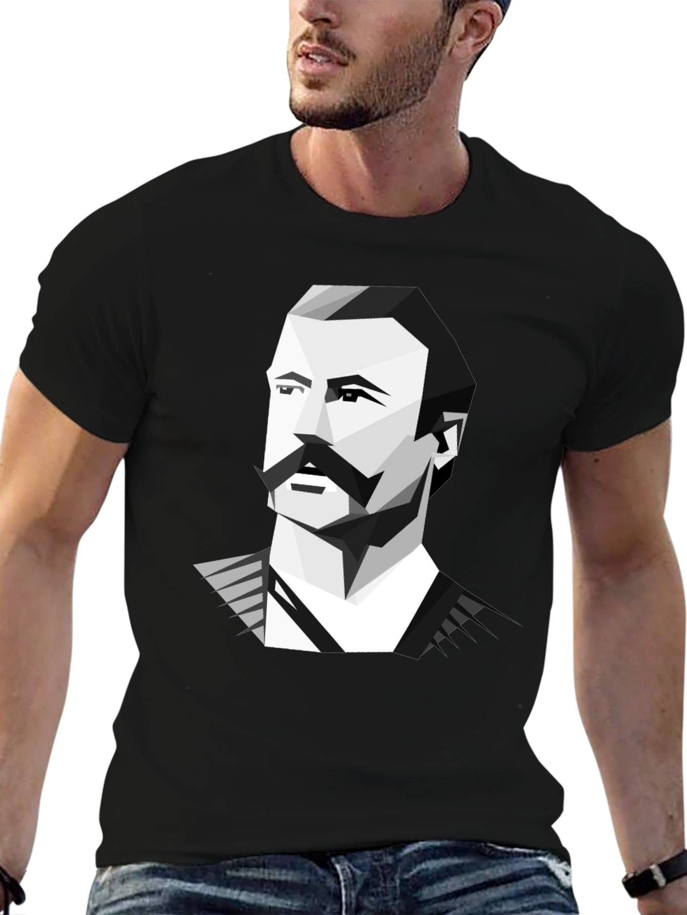 Geometric Mustache Portrait Graphic Tee - Black