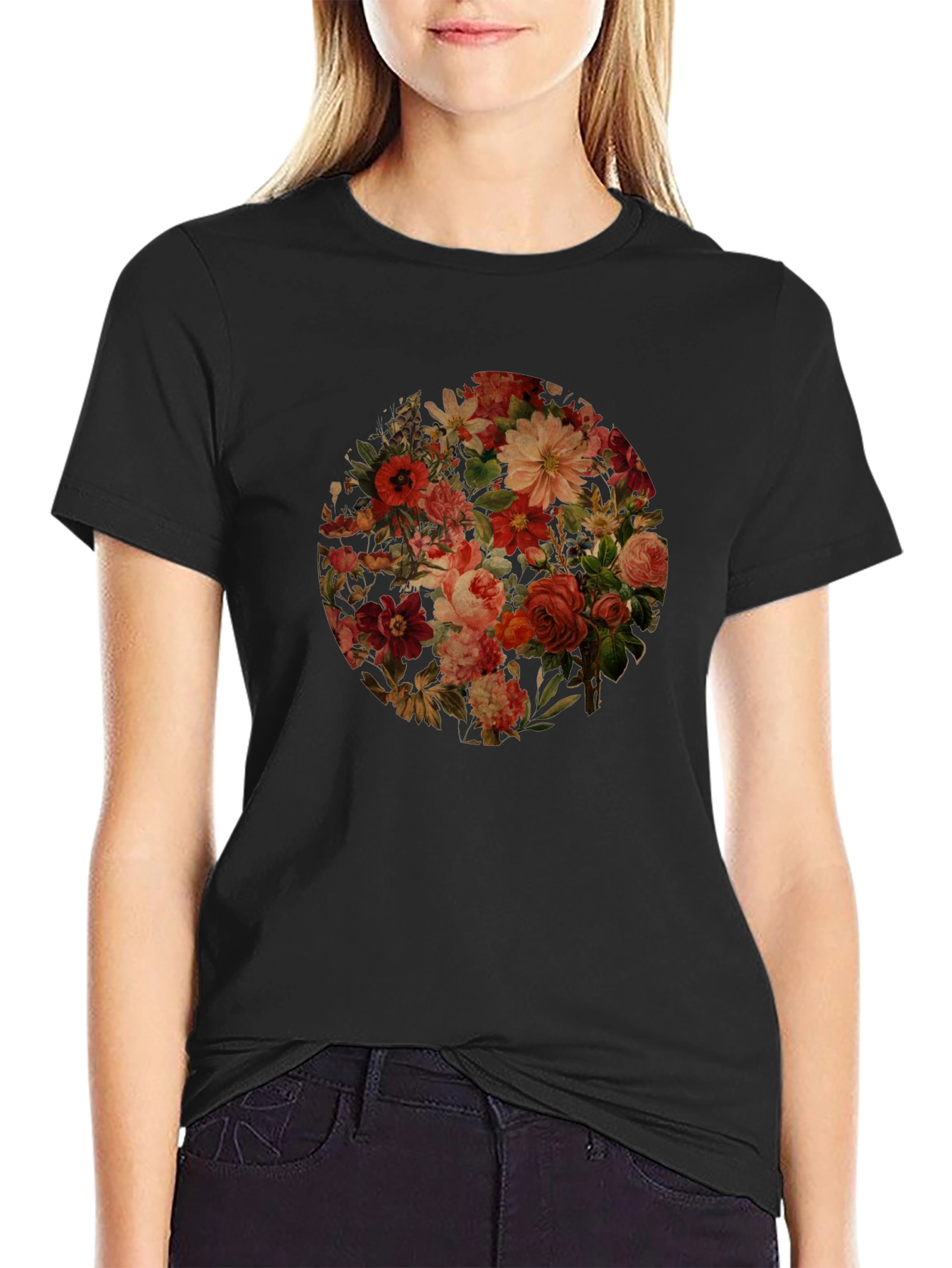 Floral Print Black Crew Neck T-Shirt