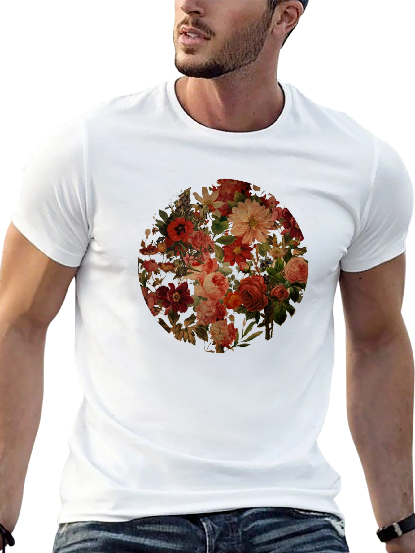 Floral Print Black Crew Neck T-Shirt