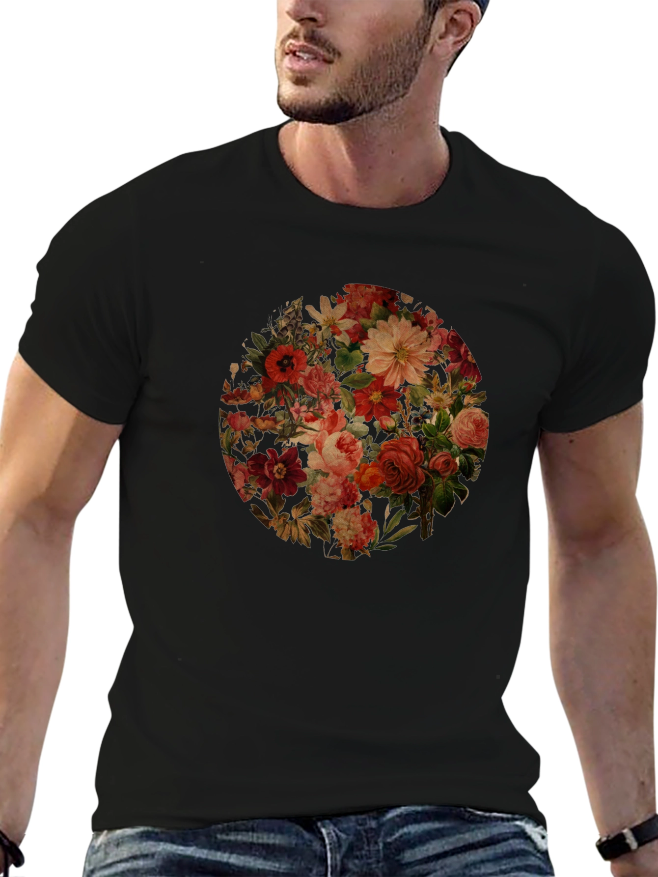 Floral Print Black Crew Neck T-Shirt