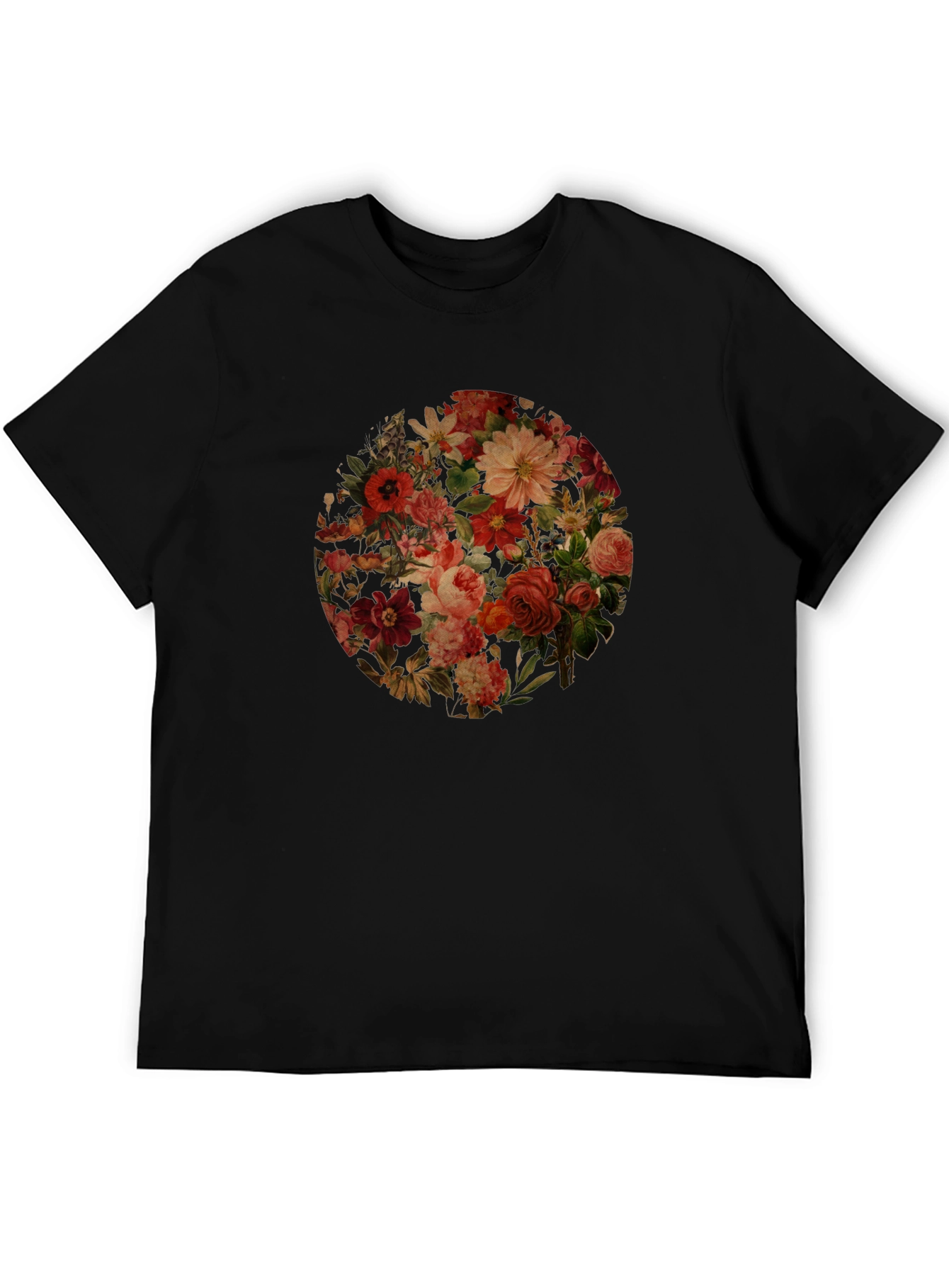 Floral Print Black Crew Neck T-Shirt