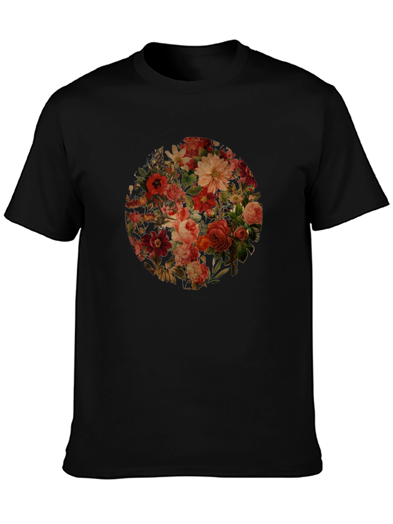 Floral Print Black Crew Neck T-Shirt