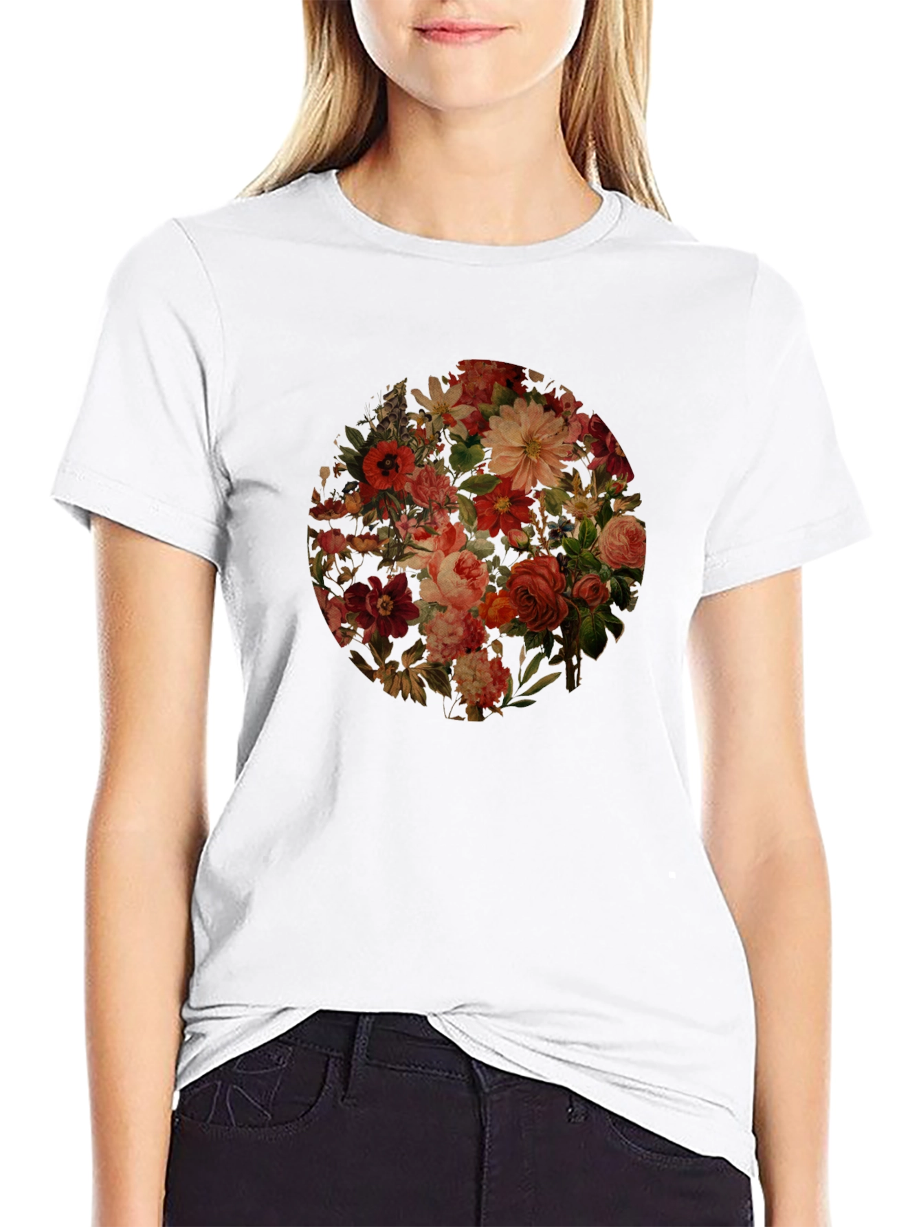 Floral Print Black Crew Neck T-Shirt