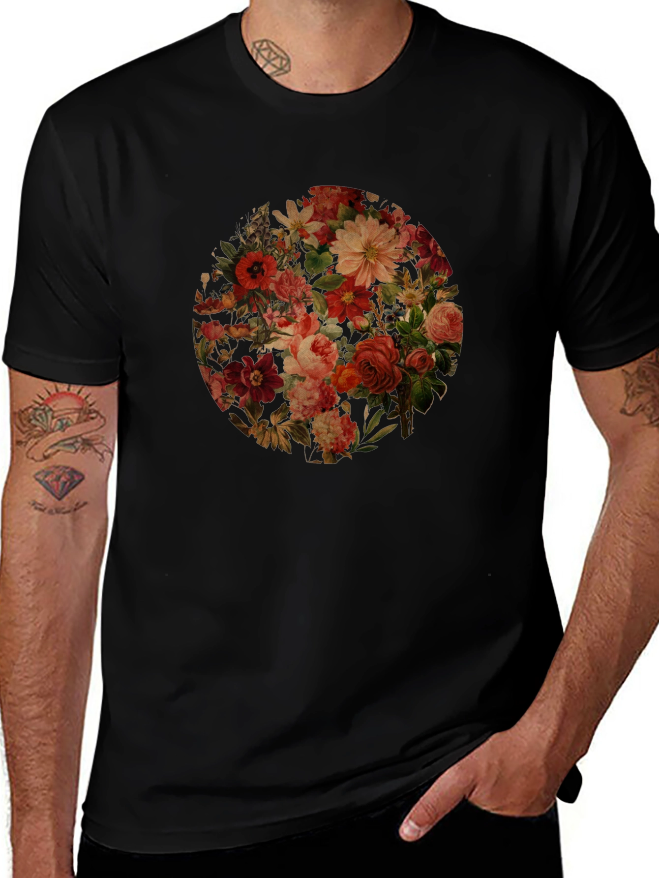 Floral Print Black Crew Neck T-Shirt