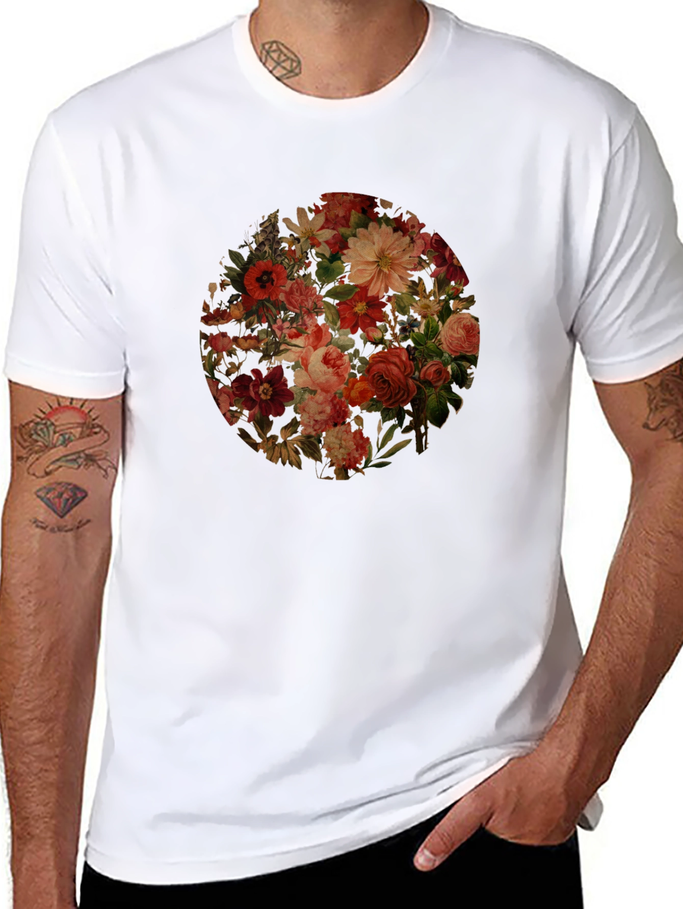 Floral Print Black Crew Neck T-Shirt