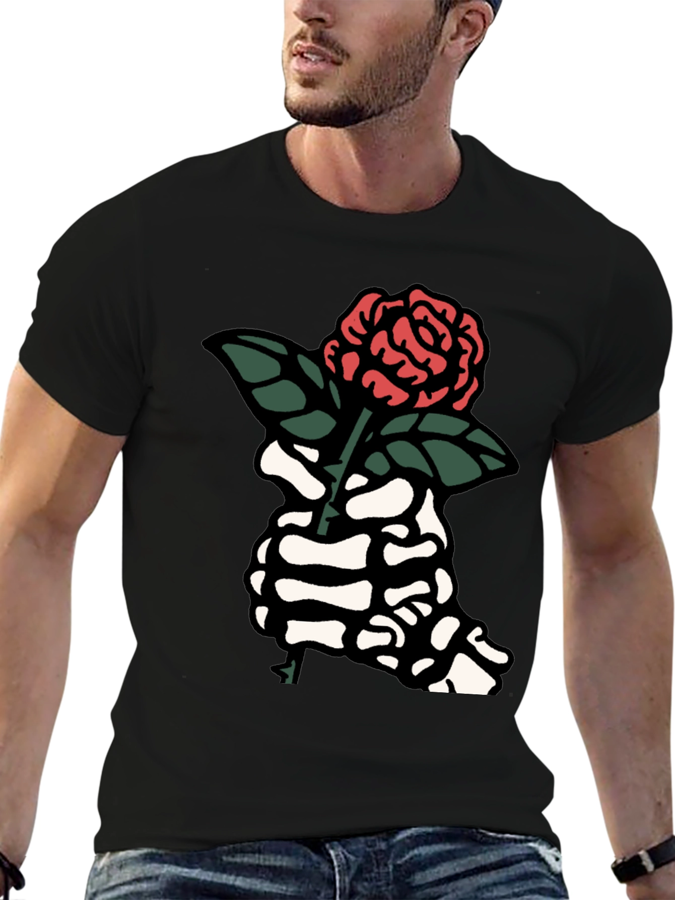 Skeleton Hand Rose Graphic Tee - Black