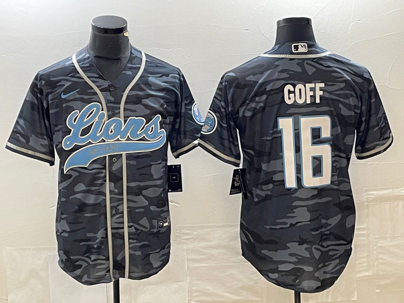 Men's Detroit Lions Jared Goff #16 Grey Camouflage Game Jerseys Joint Edition