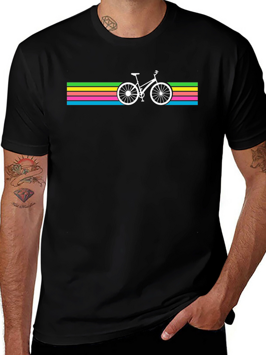 Retro Bike Graphic Tee - Colorful Stripes Soft Cotton