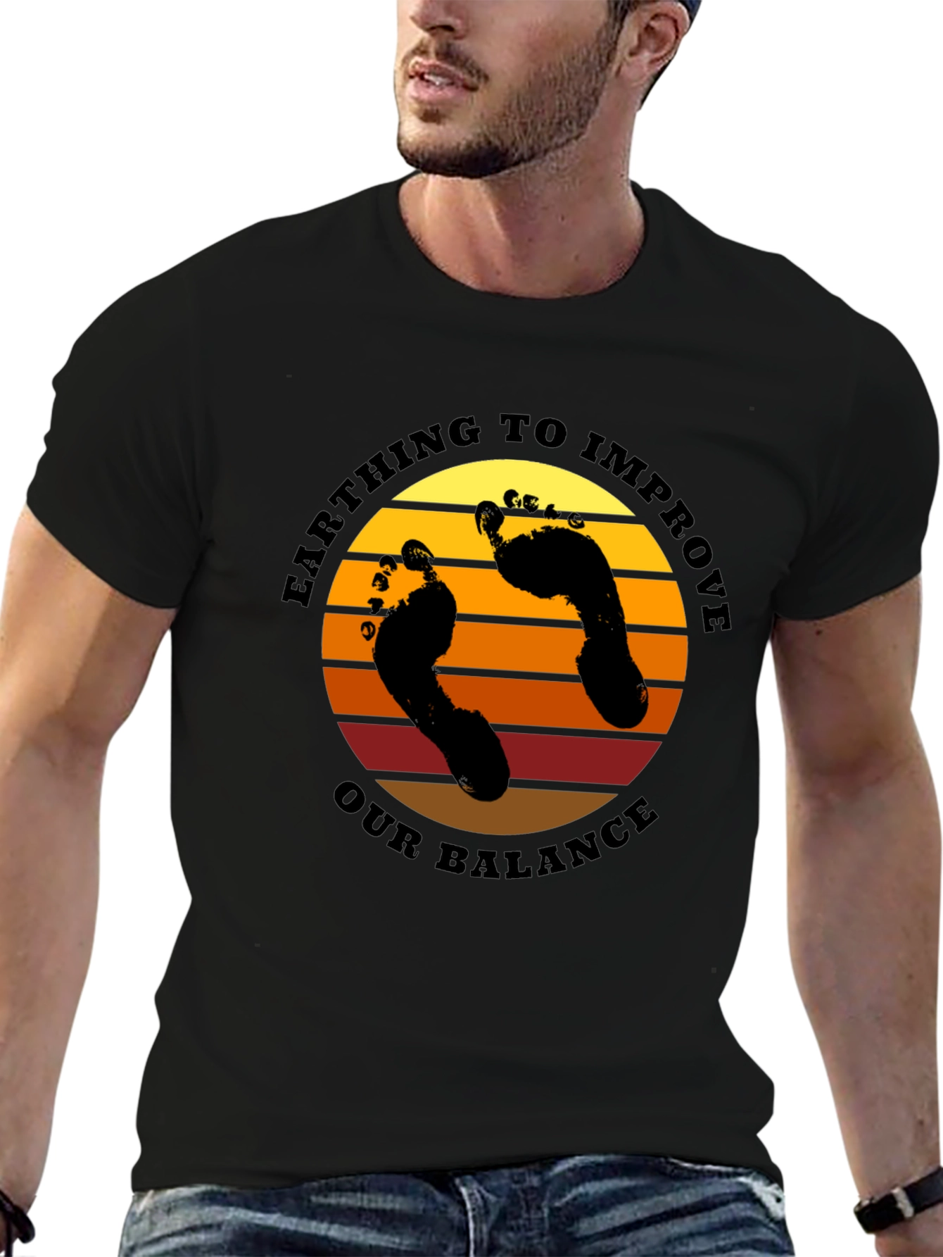 Earthing Balance T-Shirt: Sunset Footprints Design