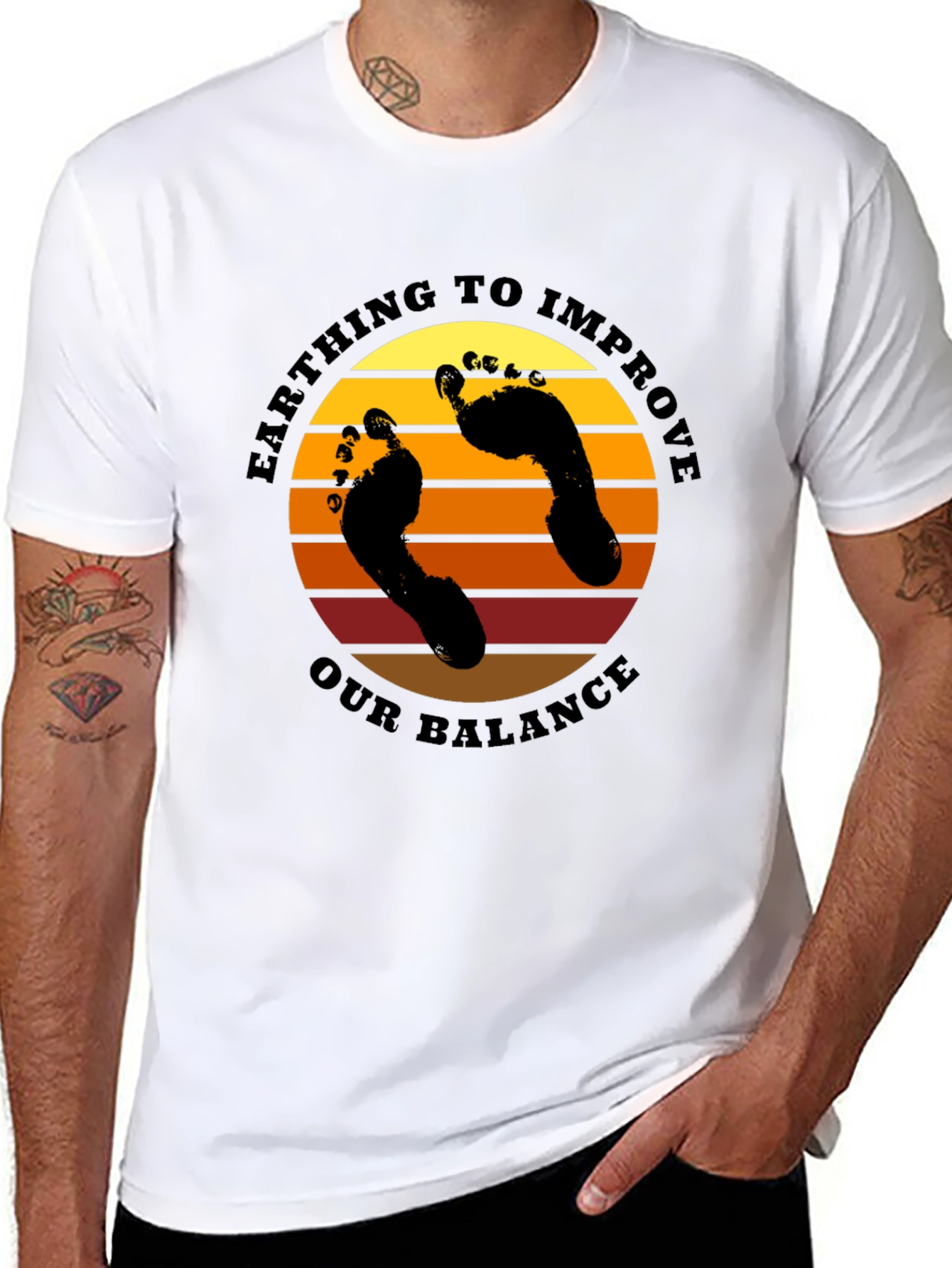 Earthing Balance T-Shirt: Sunset Footprints Design