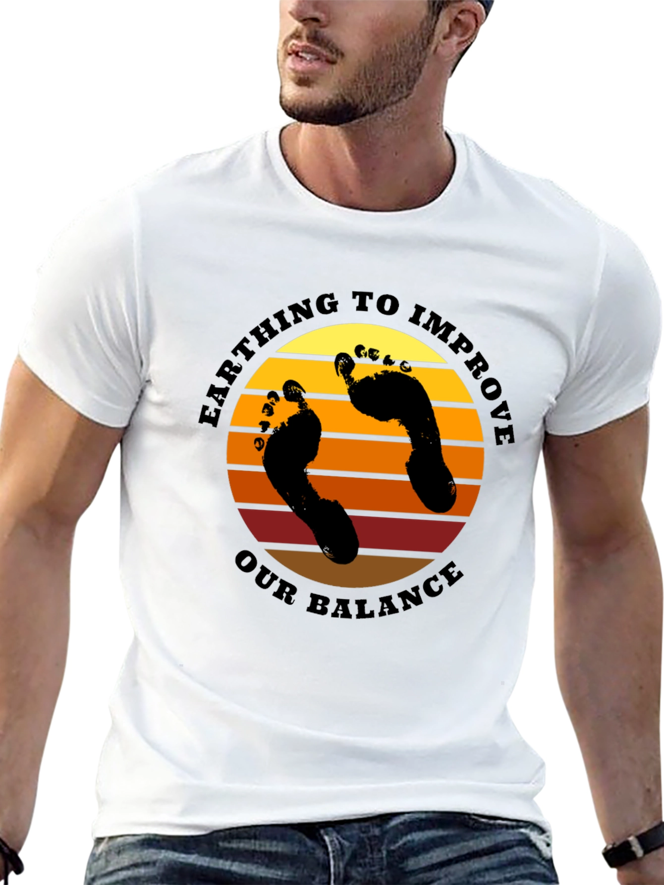 Earthing Balance T-Shirt: Sunset Footprints Design