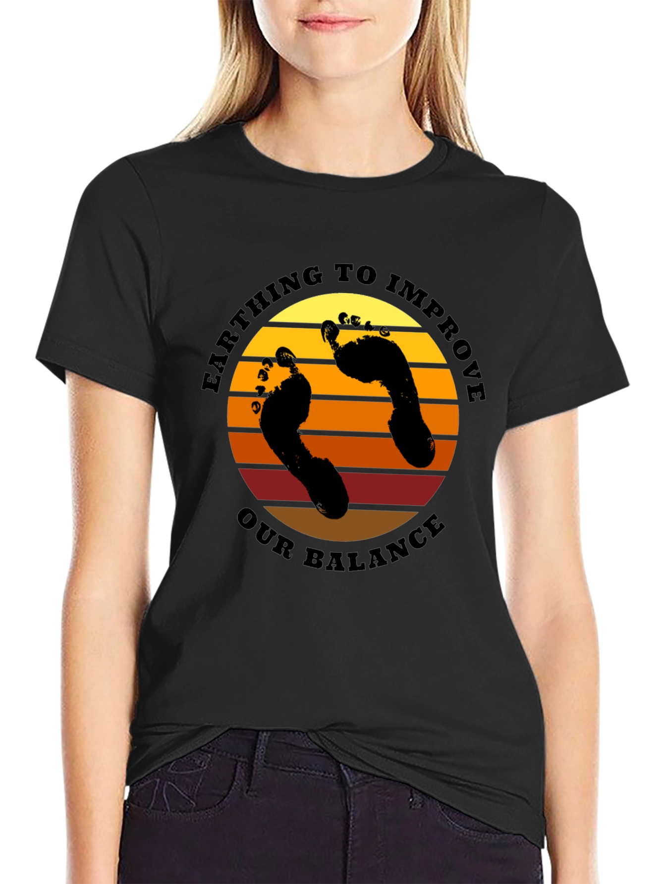 Earthing Balance T-Shirt: Sunset Footprints Design