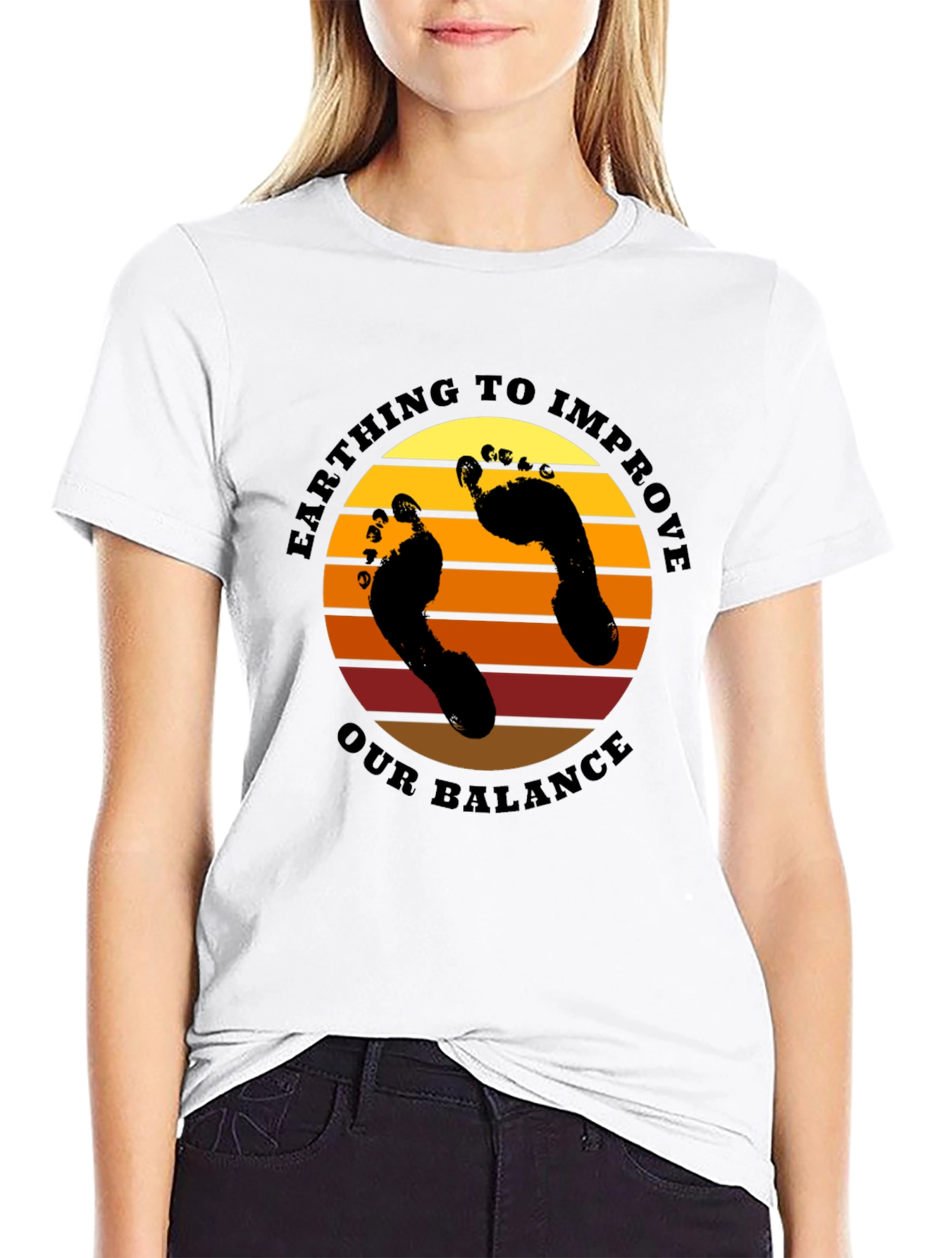 Earthing Balance T-Shirt: Sunset Footprints Design