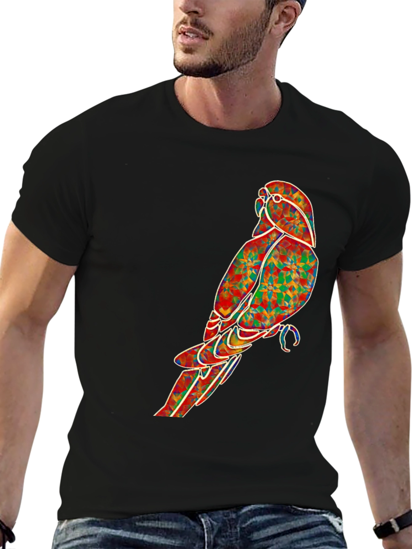 Geometric Parrot Graphic Tee - Black Cotton T-Shirt