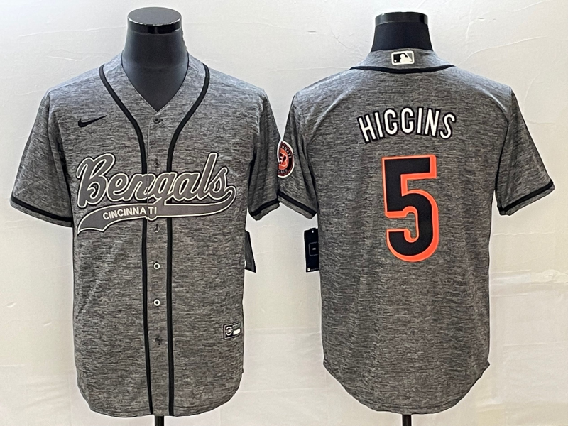 Men's Cincinnati Bengals Tee Higgins #5 Grey Fashion Game Jerseys