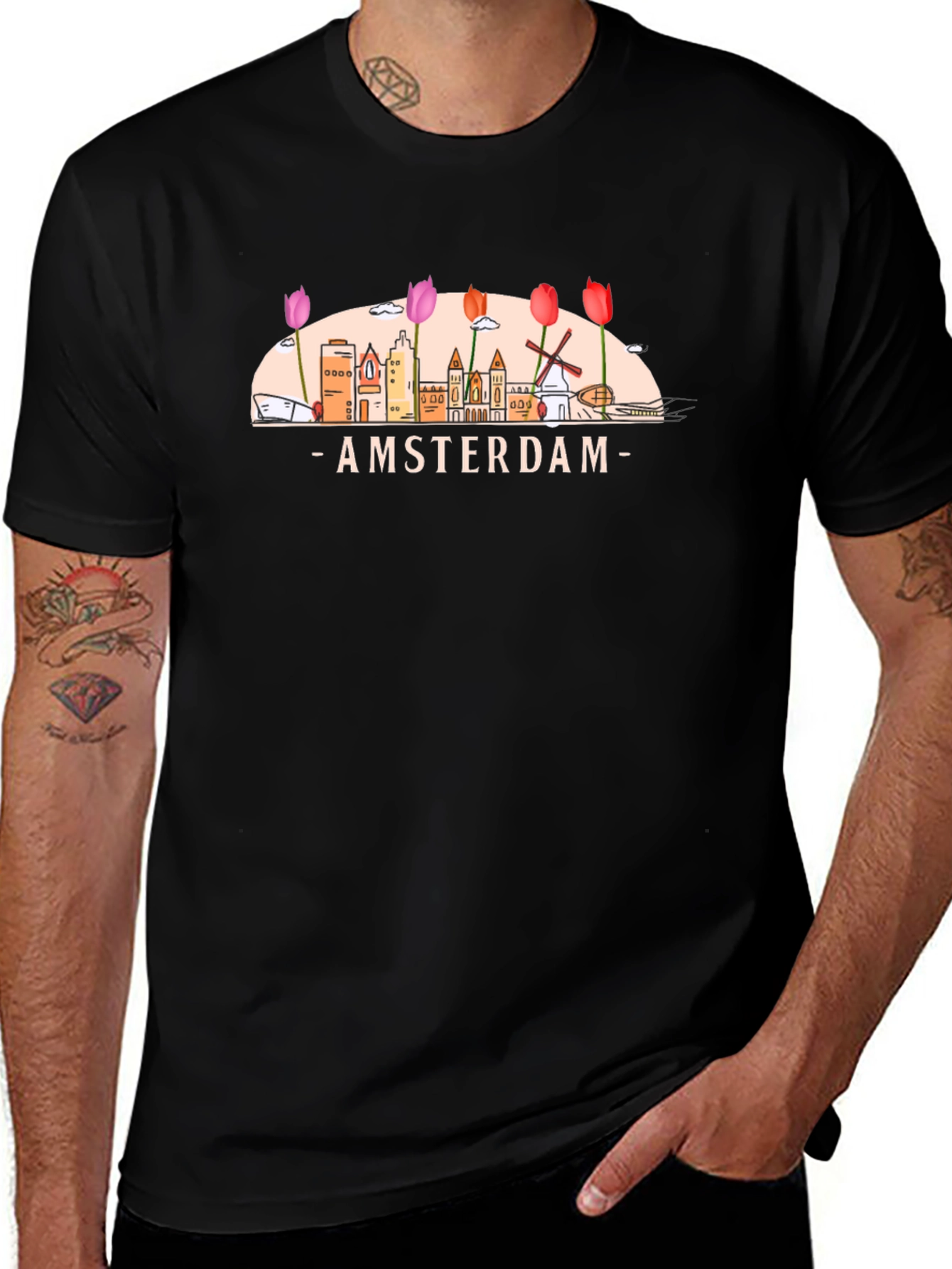 Amsterdam Cityscape Graphic Tee - Black Cotton T-Shirt