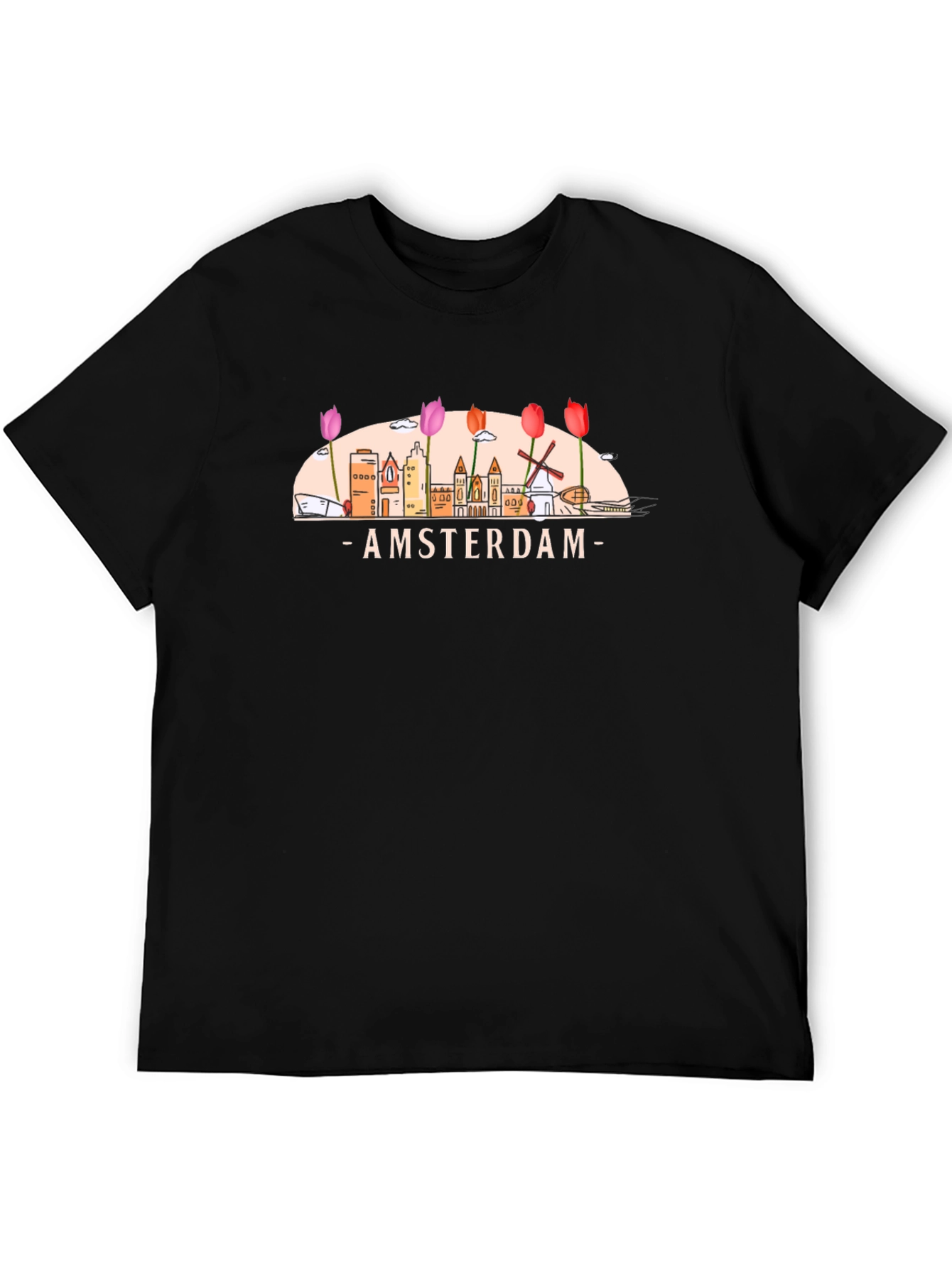 Amsterdam Cityscape Graphic Tee - Black Cotton T-Shirt