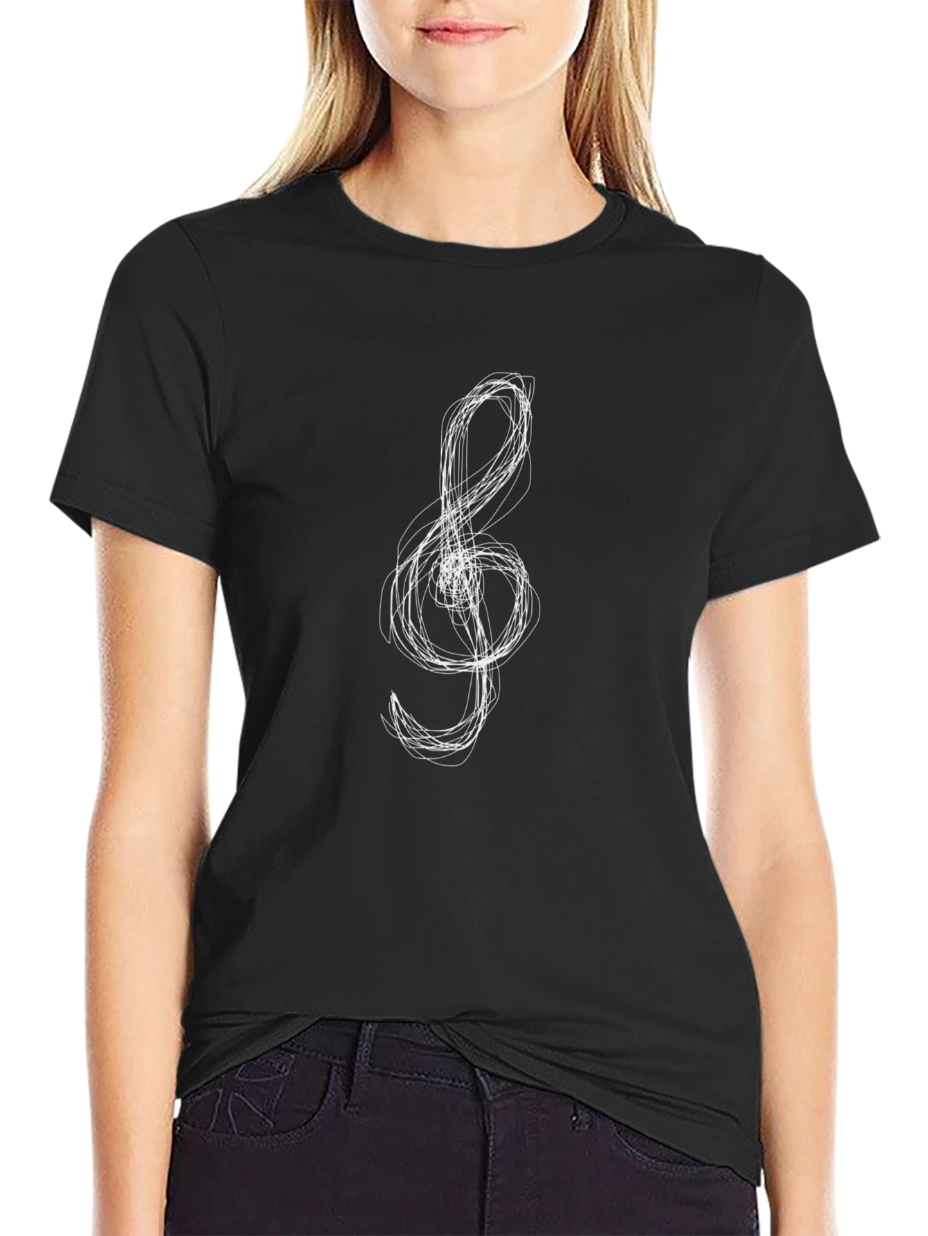 Treble Clef Scribble Graphic Tee - Black Cotton T-Shirt