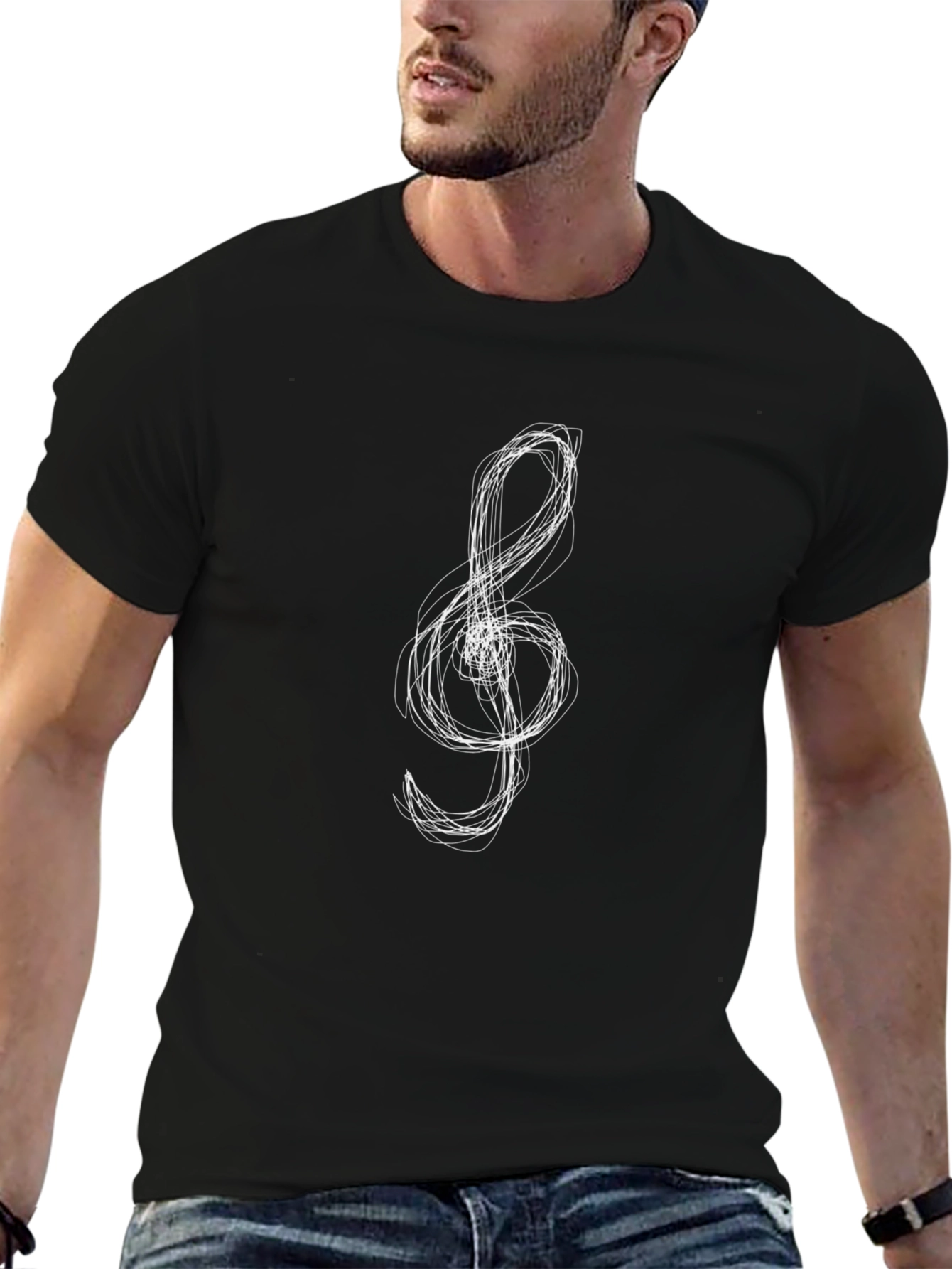 Treble Clef Scribble Graphic Tee - Black Cotton T-Shirt