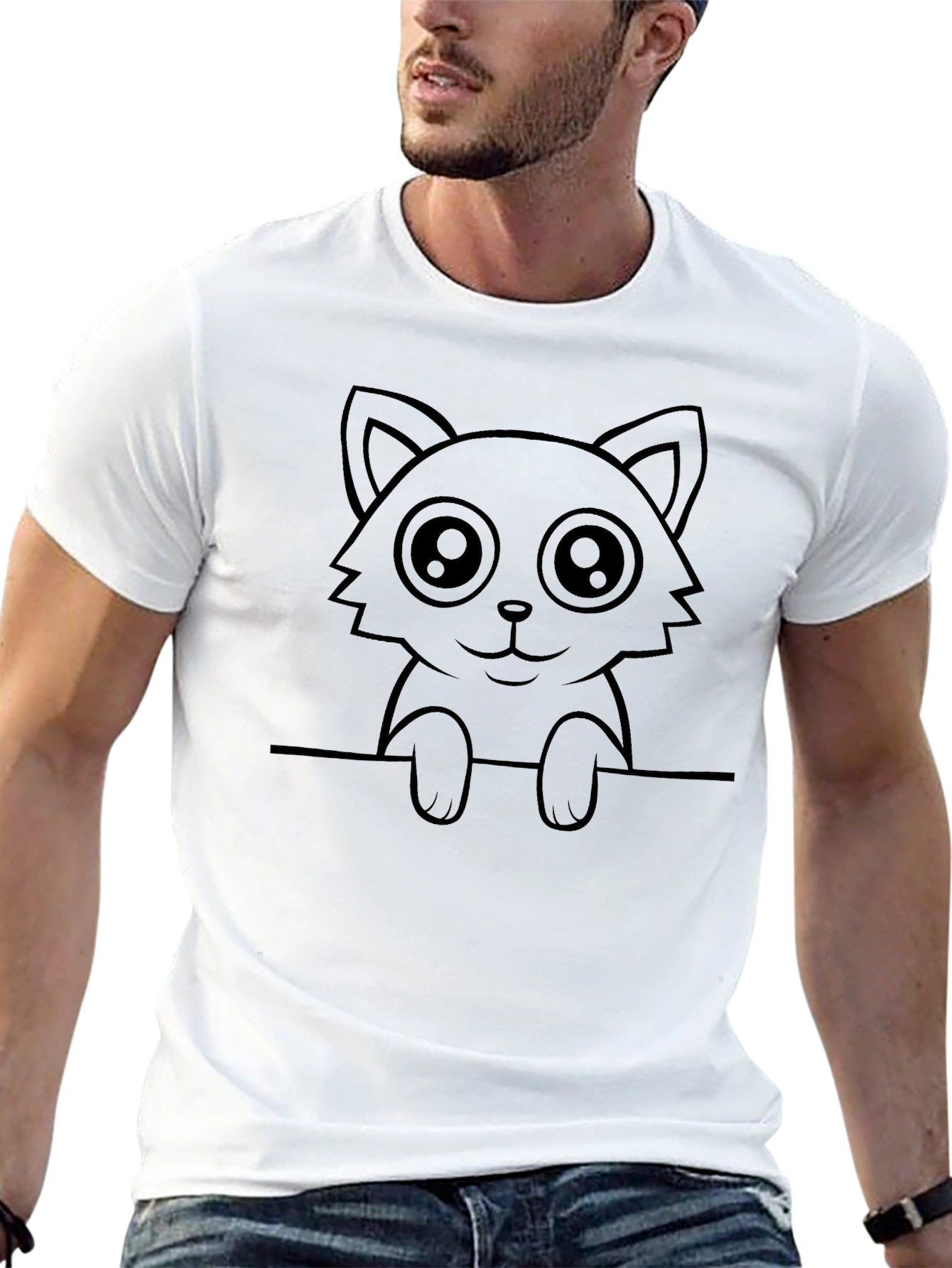 Cute Cat Graphic Tee - Soft Black Cotton T-Shirt