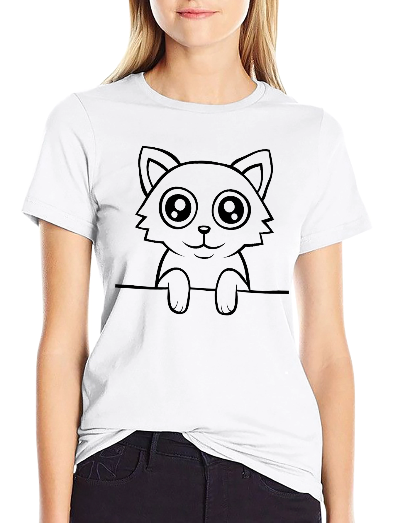 Cute Cat Graphic Tee - Soft Black Cotton T-Shirt